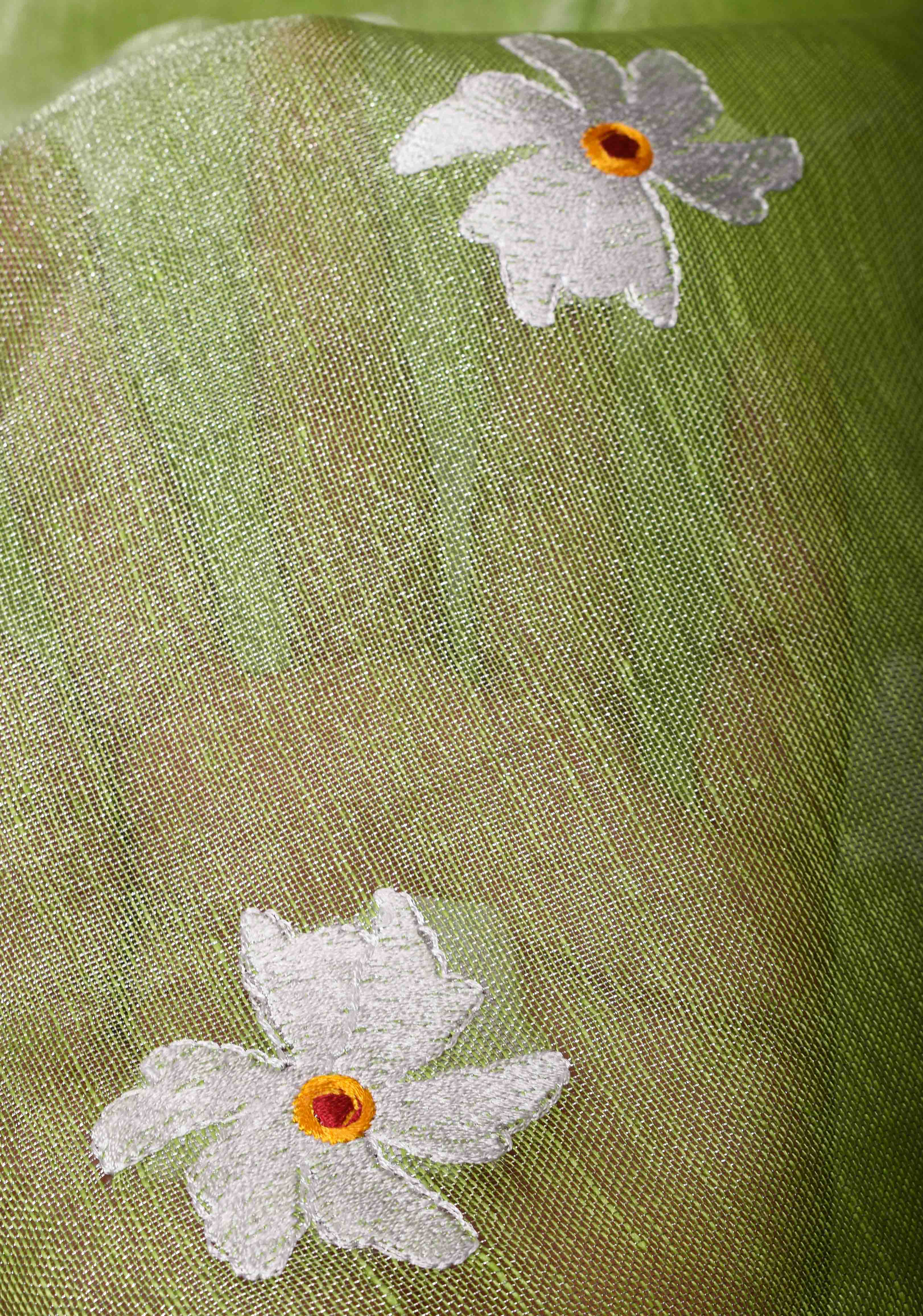 Parrot Green Linen Saree with Parijaat Flower Embroidery | Shobitam saree