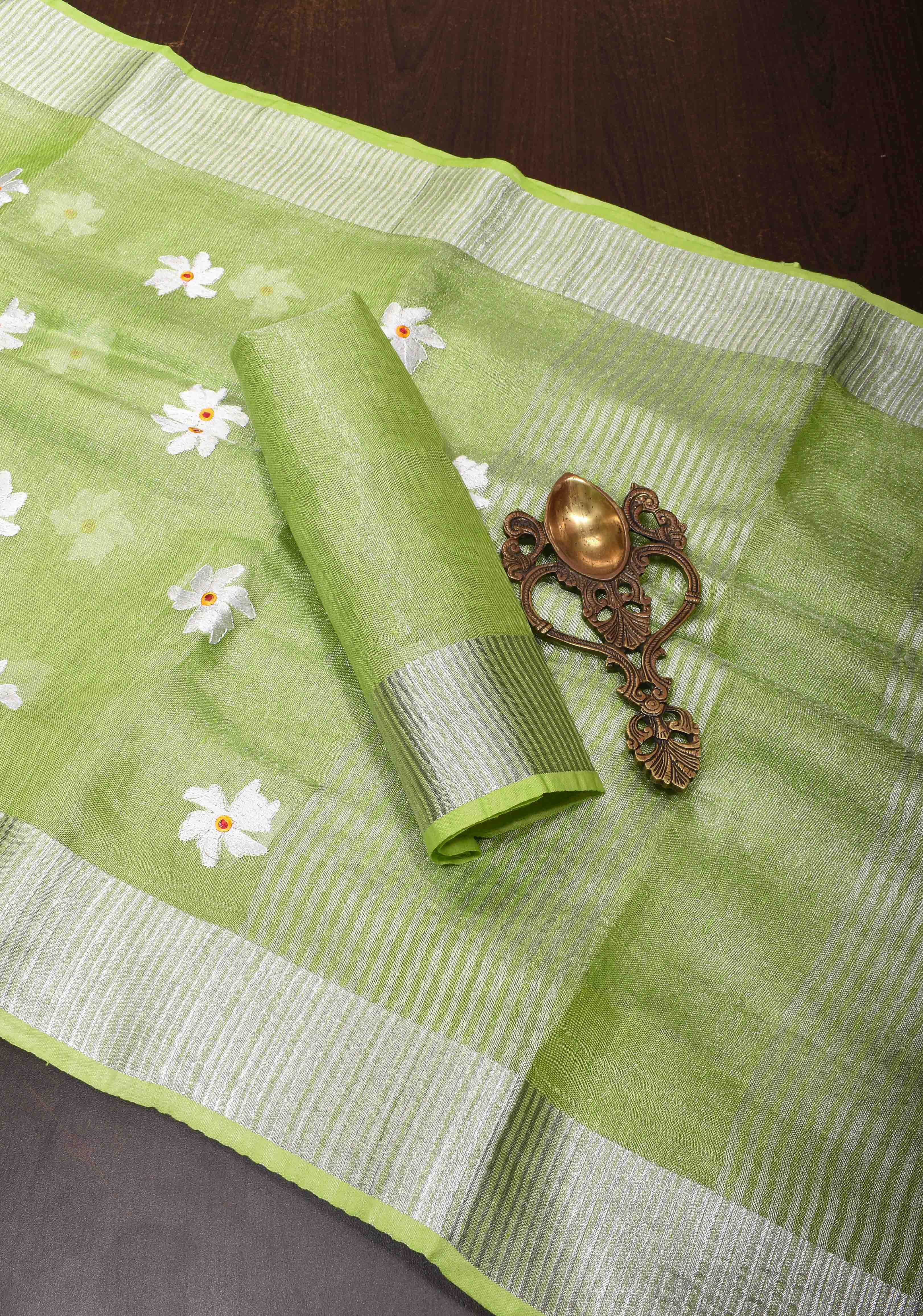 Parrot Green Linen Saree with Parijaat Flower Embroidery | Shobitam saree