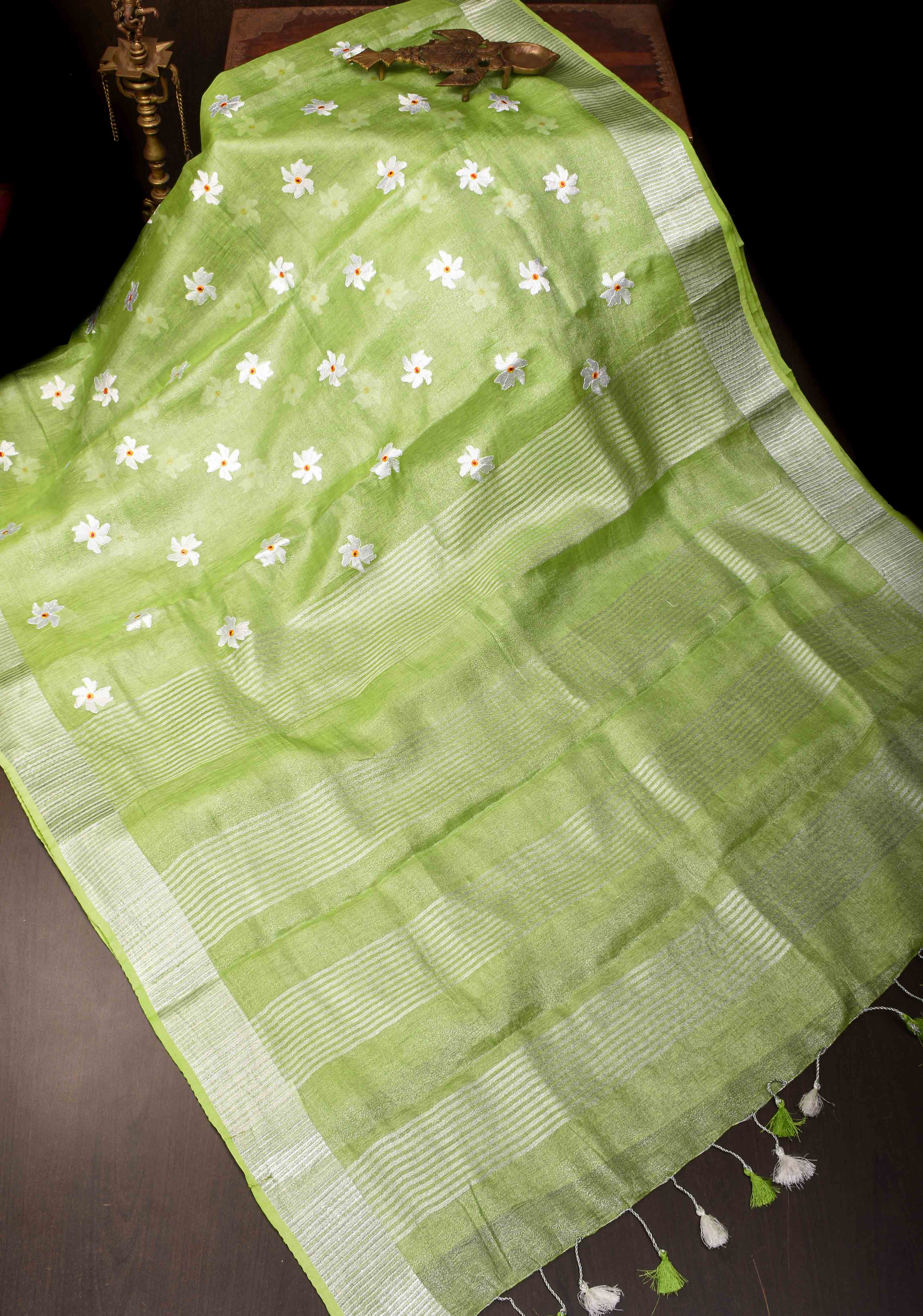 Parrot Green Linen Saree with Parijaat Flower Embroidery | Shobitam saree