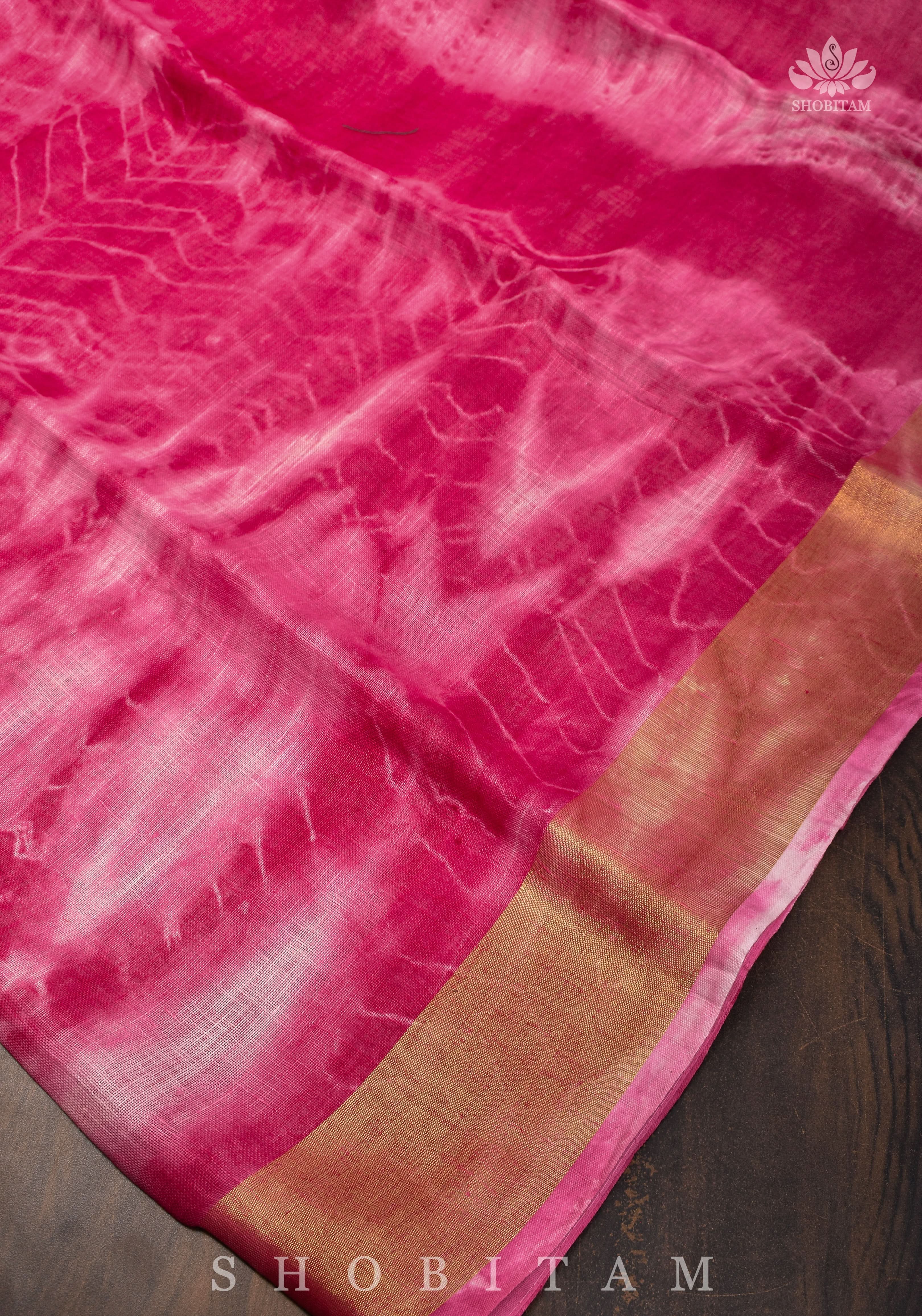 Handmade Shibori Dye Pure Linen by Linen Saree in Amaranth Pink and White with long tassels | Shobitam
