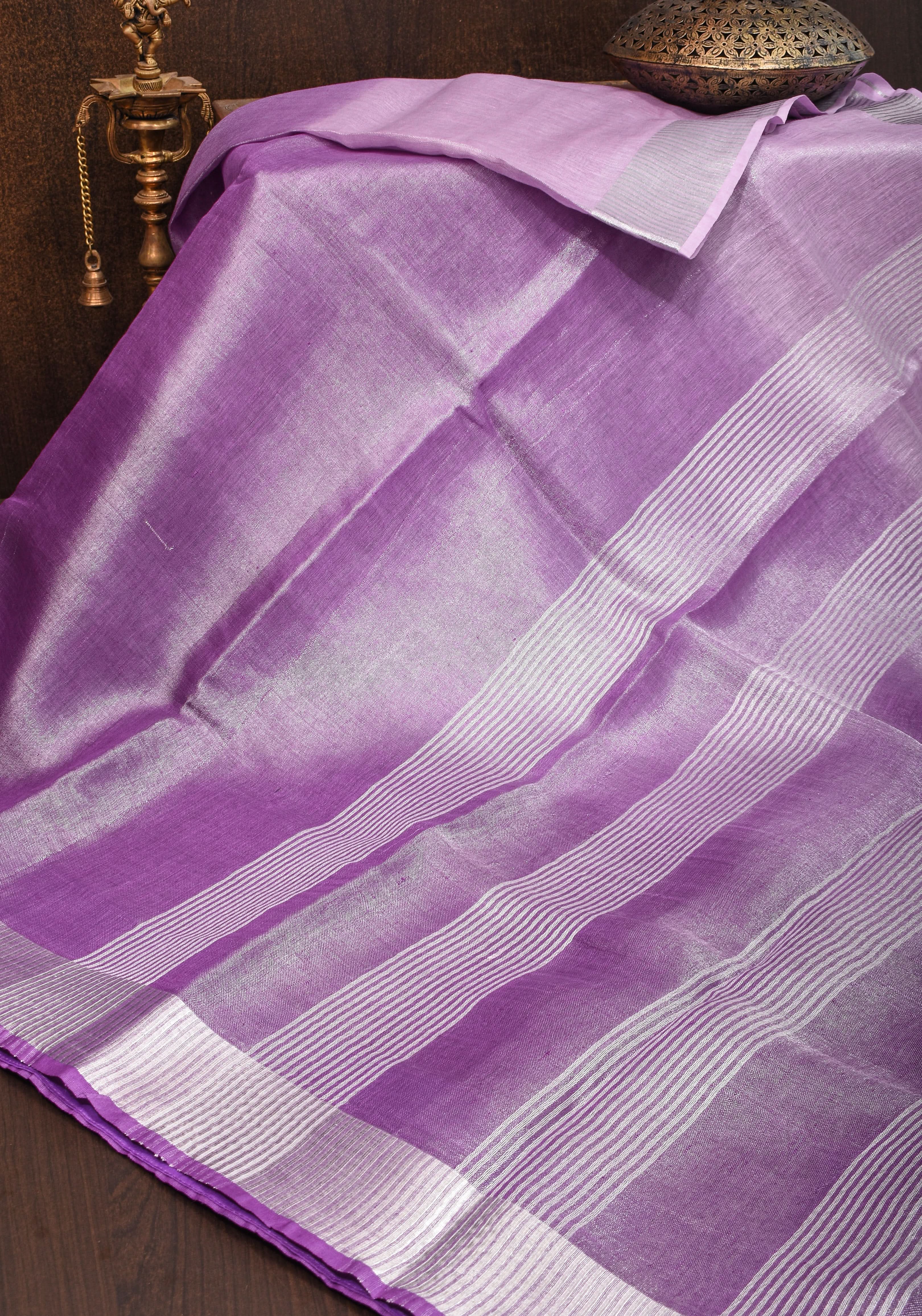Dark Lilac Ombre Silver Tissue Linen Saree with Silver Ribbed Borders | Shobitam