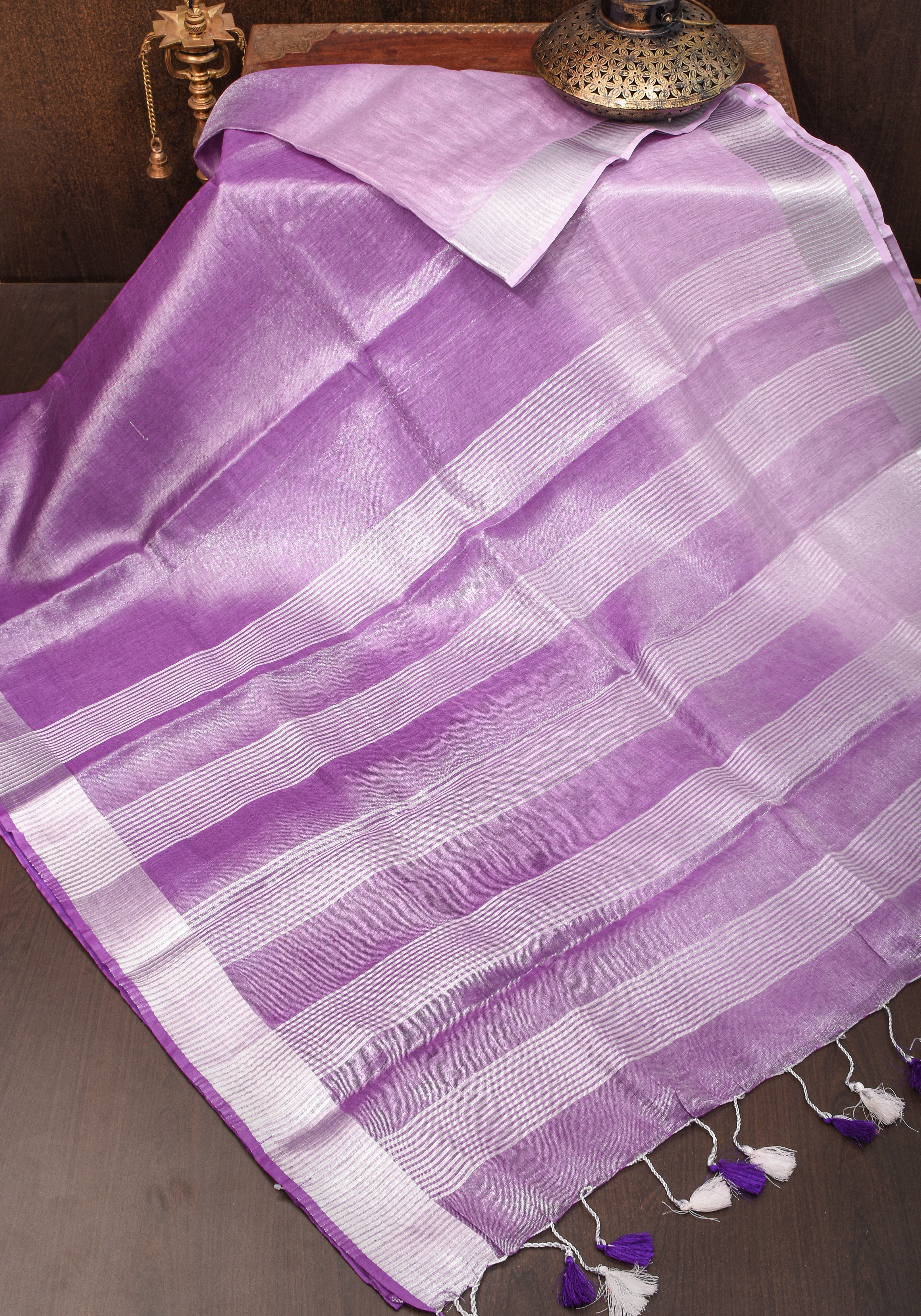 Dark Lilac Ombre Silver Tissue Linen Saree with Silver Ribbed Borders | Shobitam