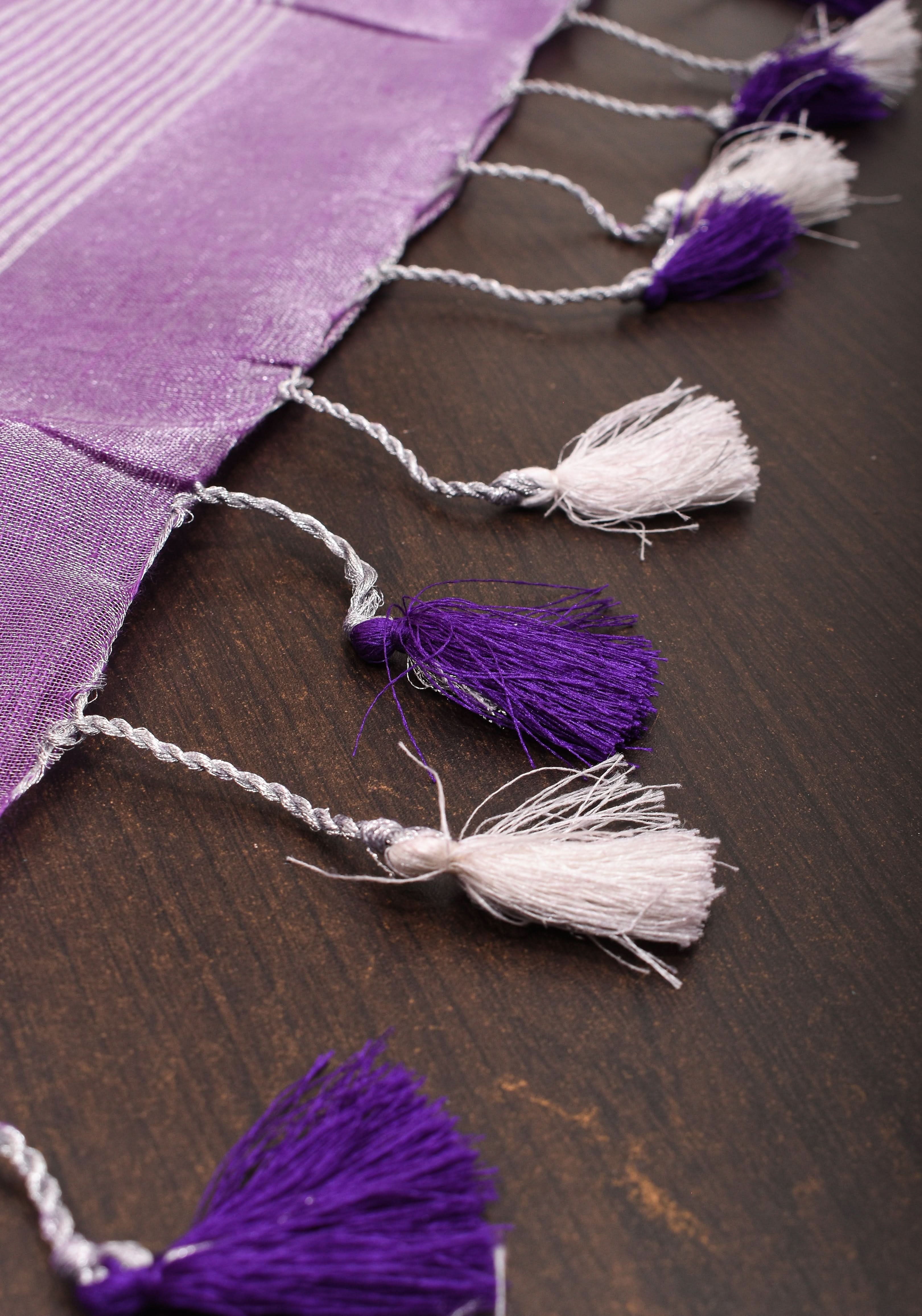 Dark Lilac Ombre Silver Tissue Linen Saree with Silver Ribbed Borders | Shobitam