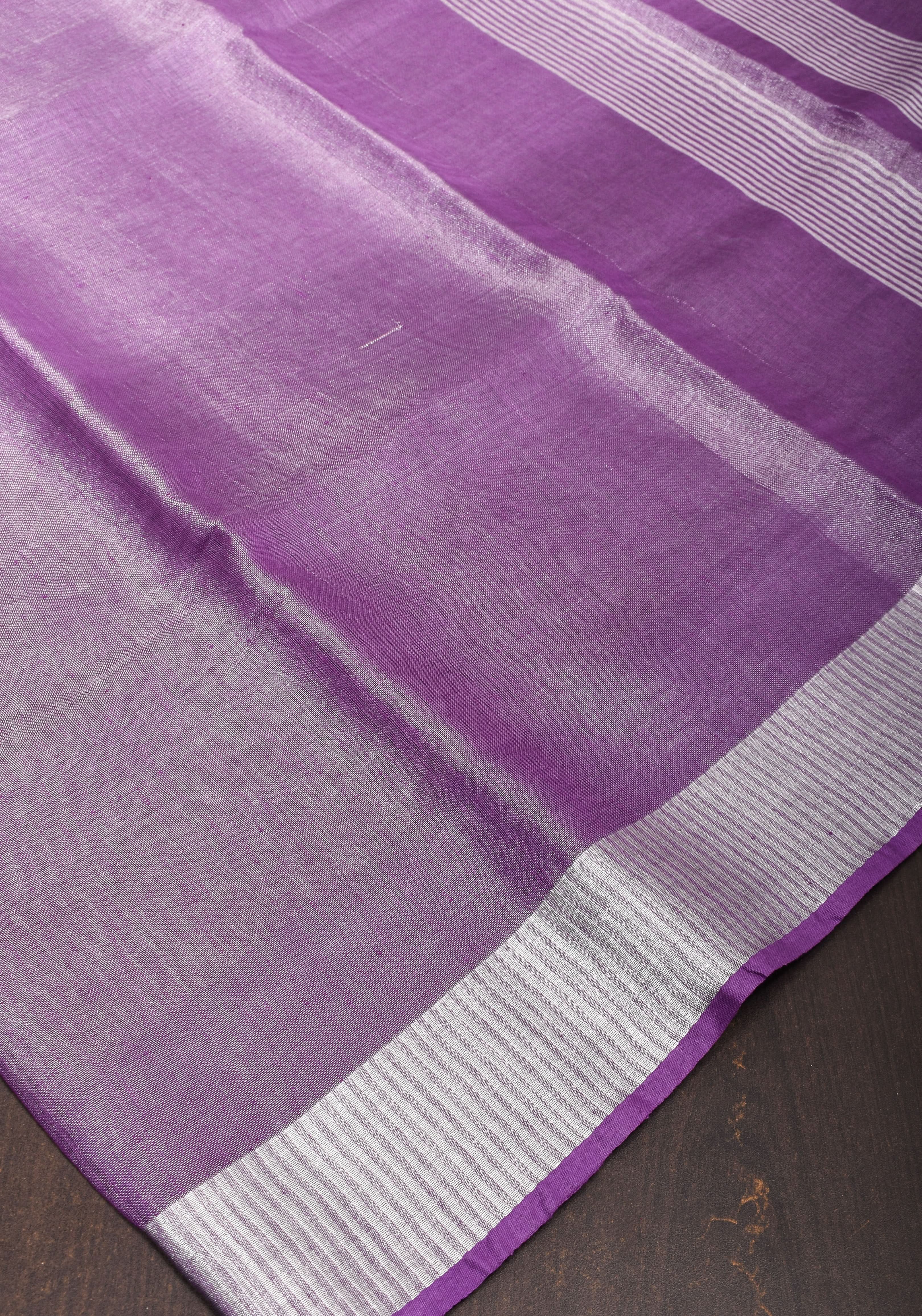 Dark Lilac Ombre Silver Tissue Linen Saree with Silver Ribbed Borders | Shobitam