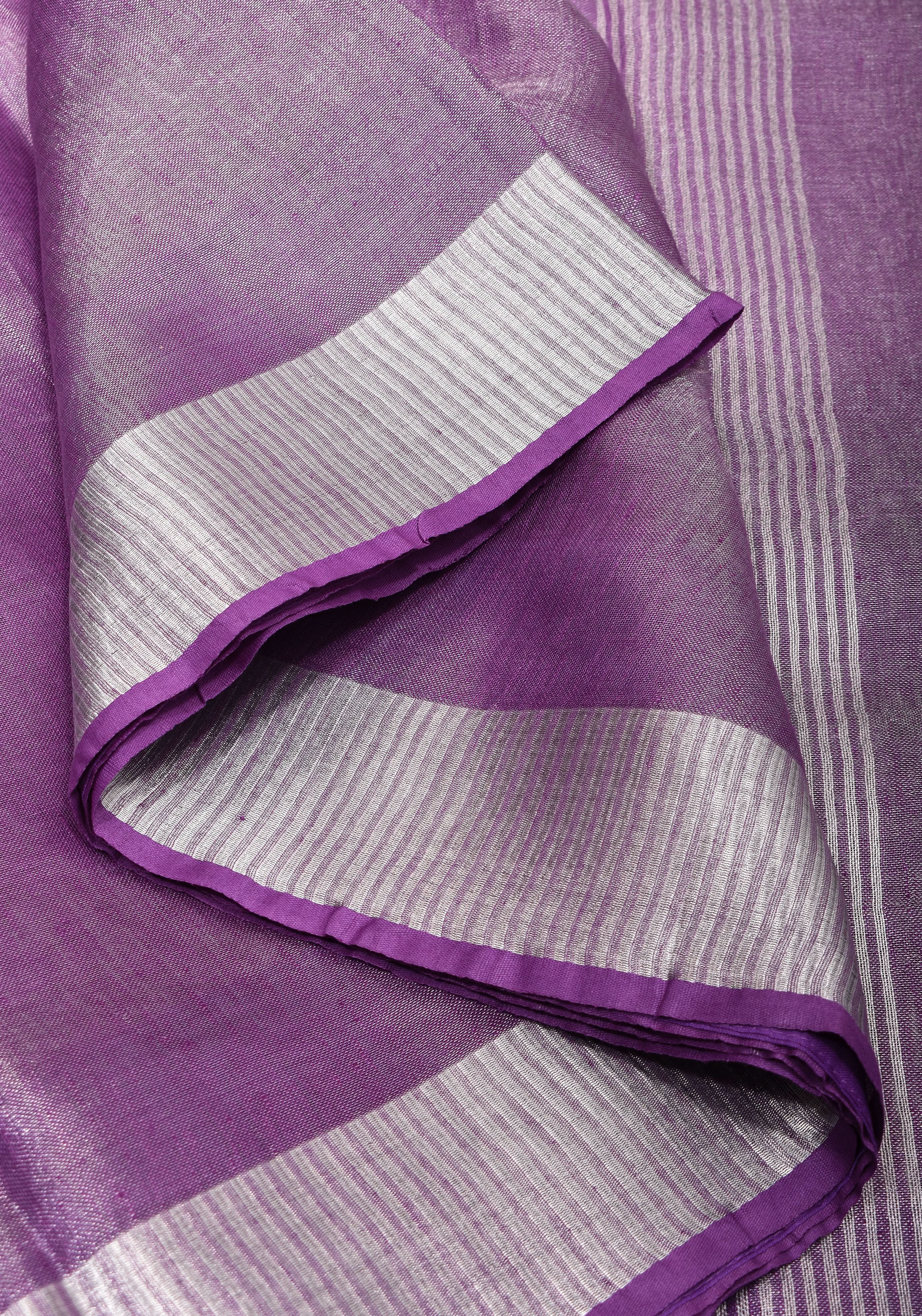 Dark Lilac Ombre Silver Tissue Linen Saree with Silver Ribbed Borders | Shobitam