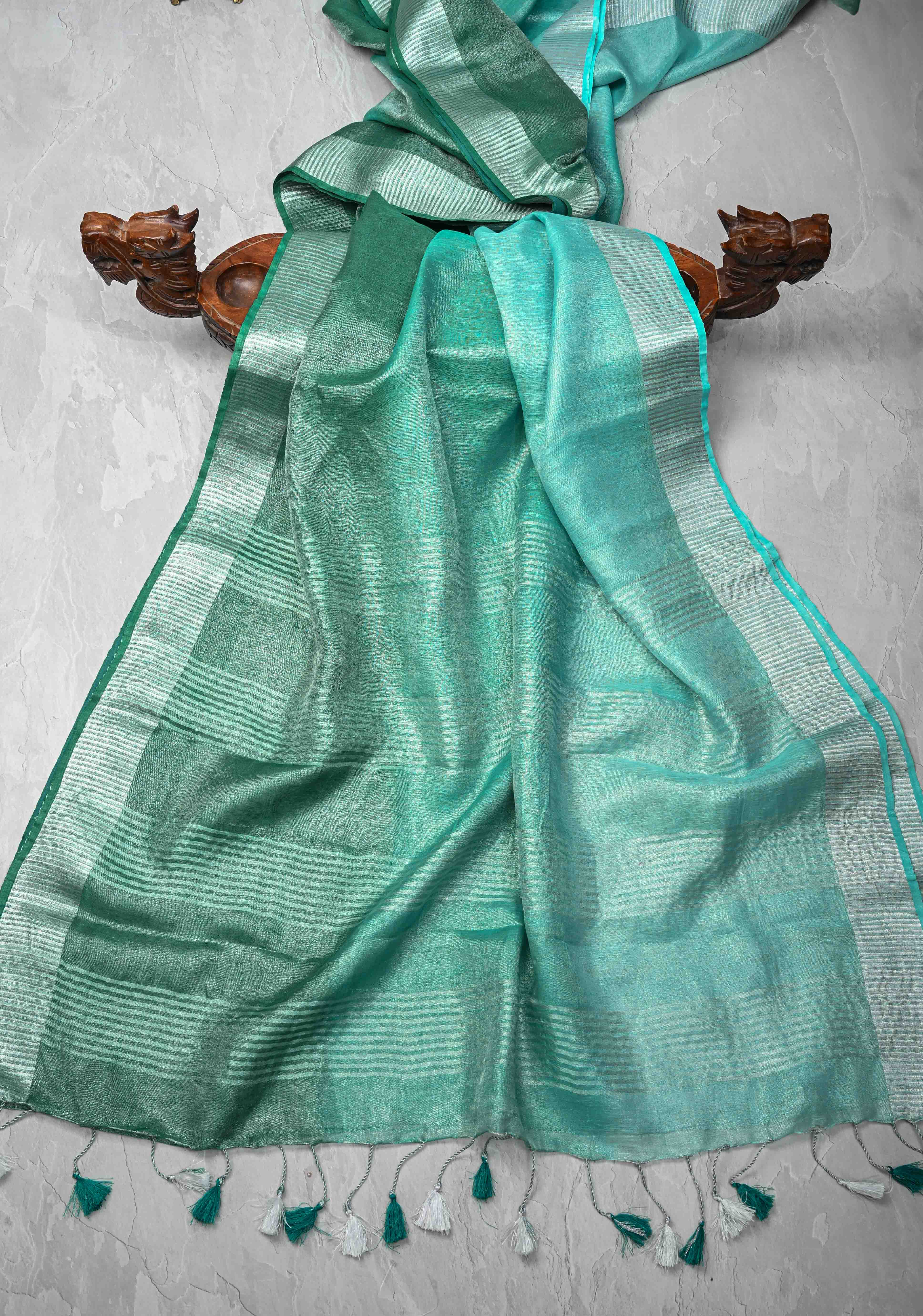 Cyan and Sea Green Ombre Shaded Tissue Linen Saree with Zari Border | Shobitam