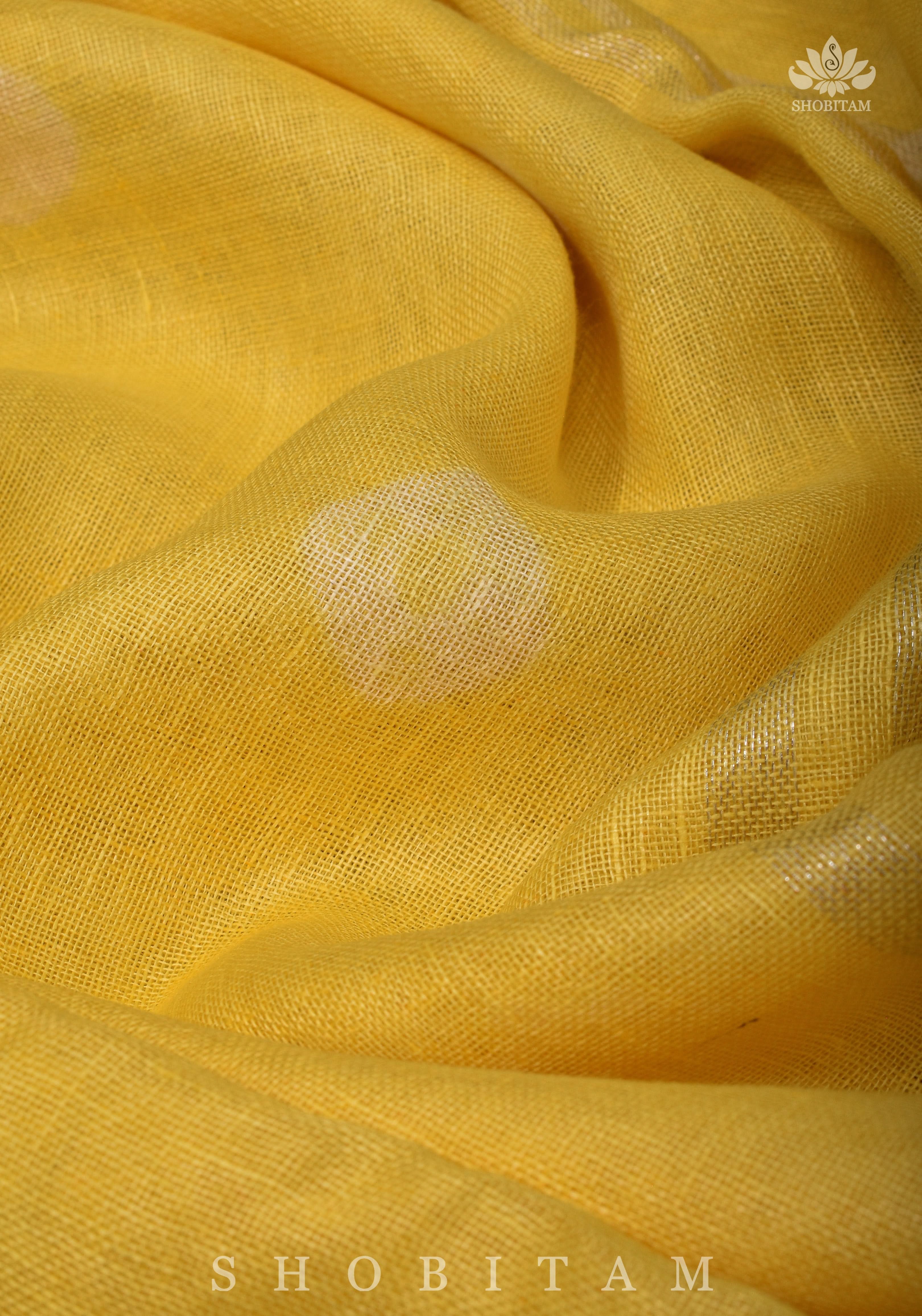 Authentic Bandini - Shibori on Pure Linen by Linen Saree with Zari Border in Sunflower Yellow | Shobitam