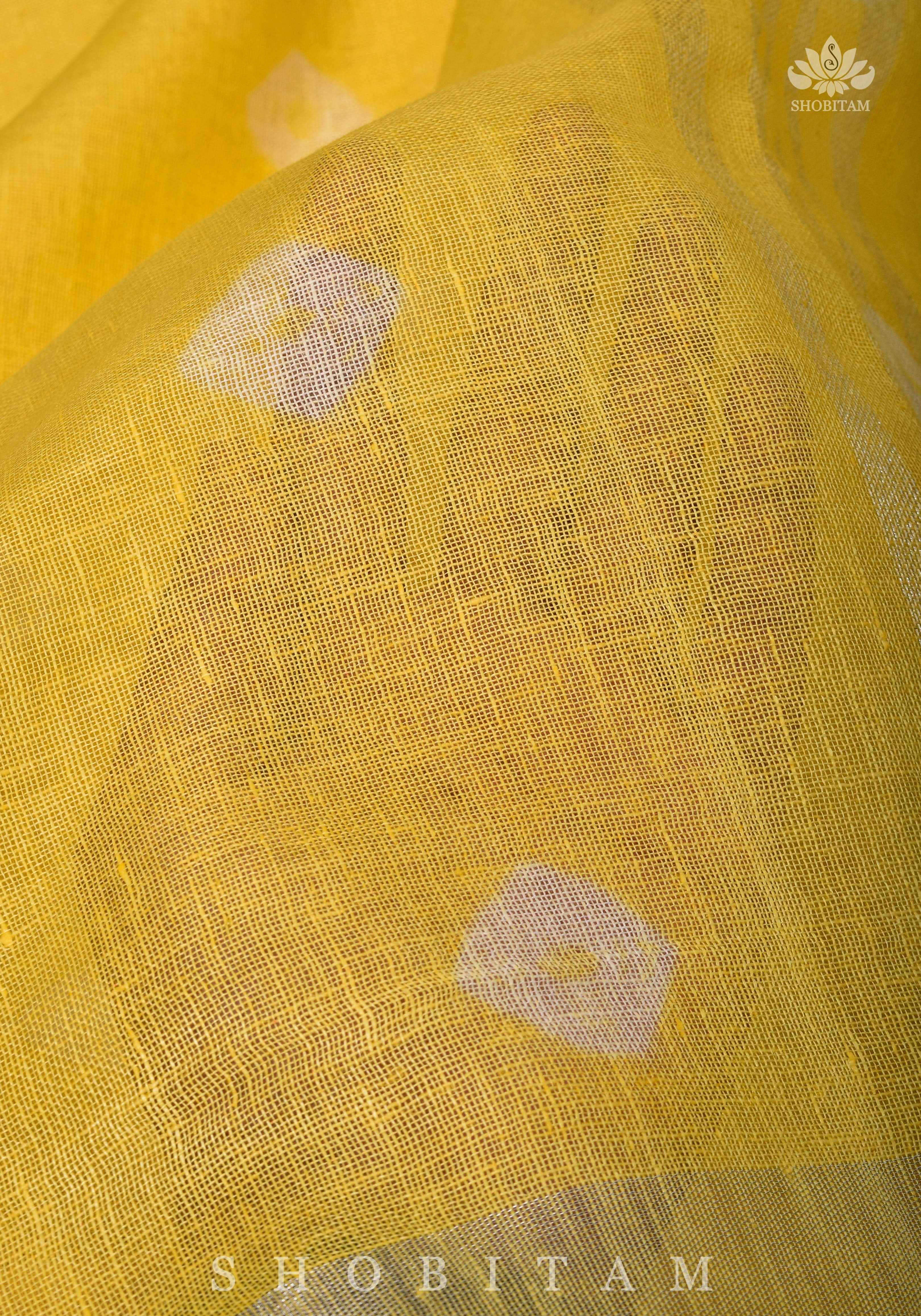 Authentic Bandini - Shibori on Pure Linen by Linen Saree with Zari Border in Sunflower Yellow | Shobitam