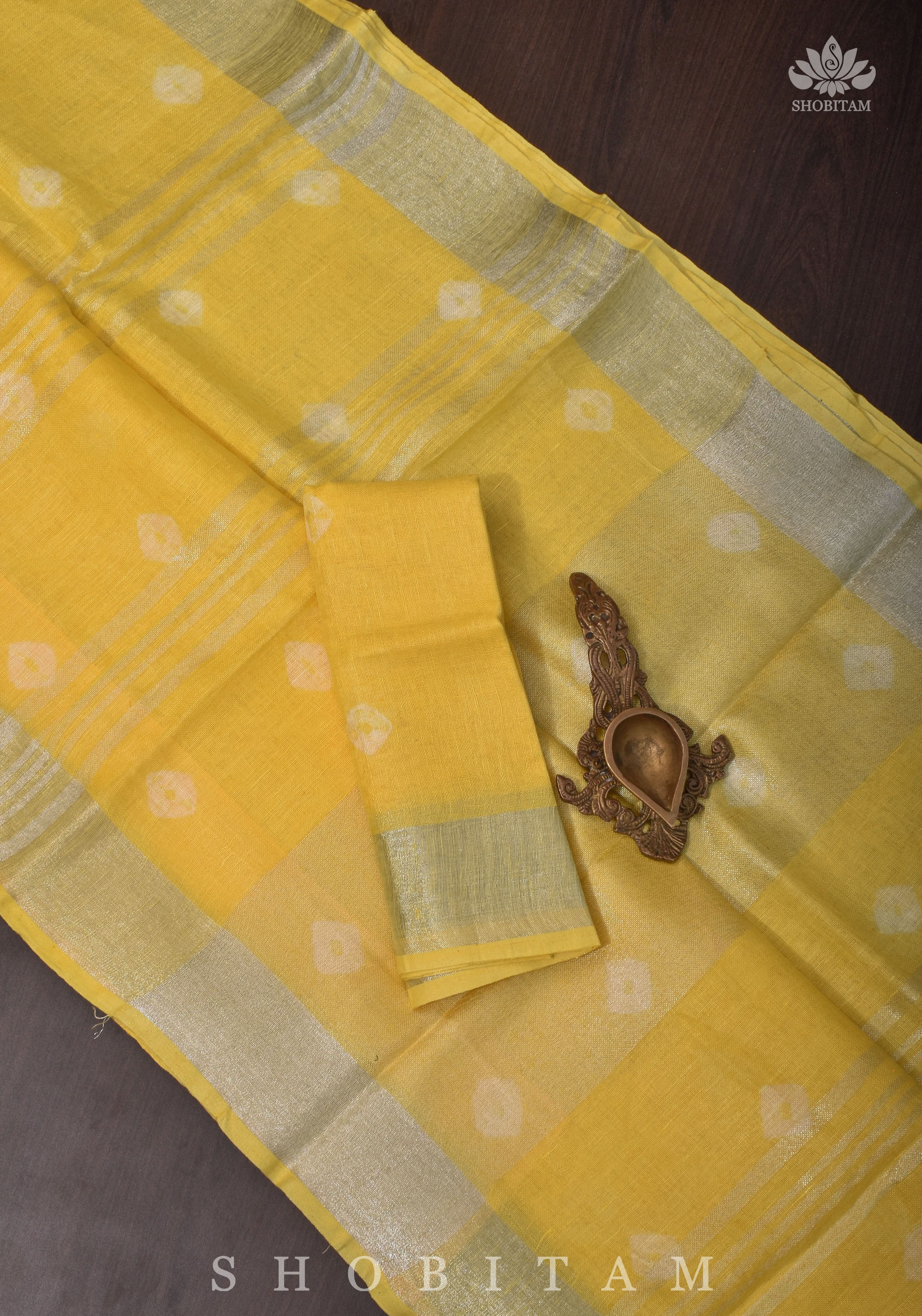 Authentic Bandini - Shibori on Pure Linen by Linen Saree with Zari Border in Sunflower Yellow | Shobitam