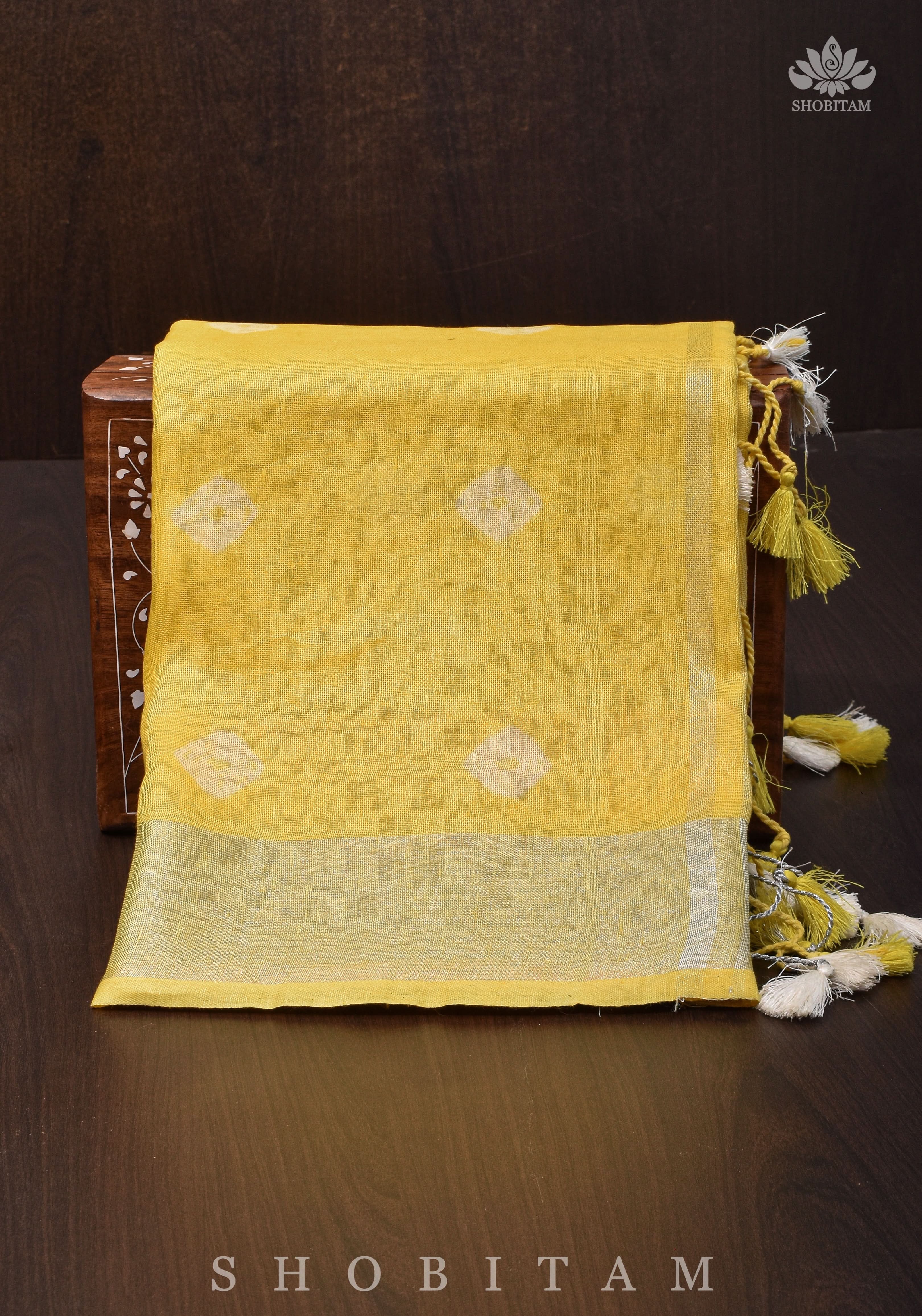 Authentic Bandini - Shibori on Pure Linen by Linen Saree with Zari Border in Sunflower Yellow | Shobitam