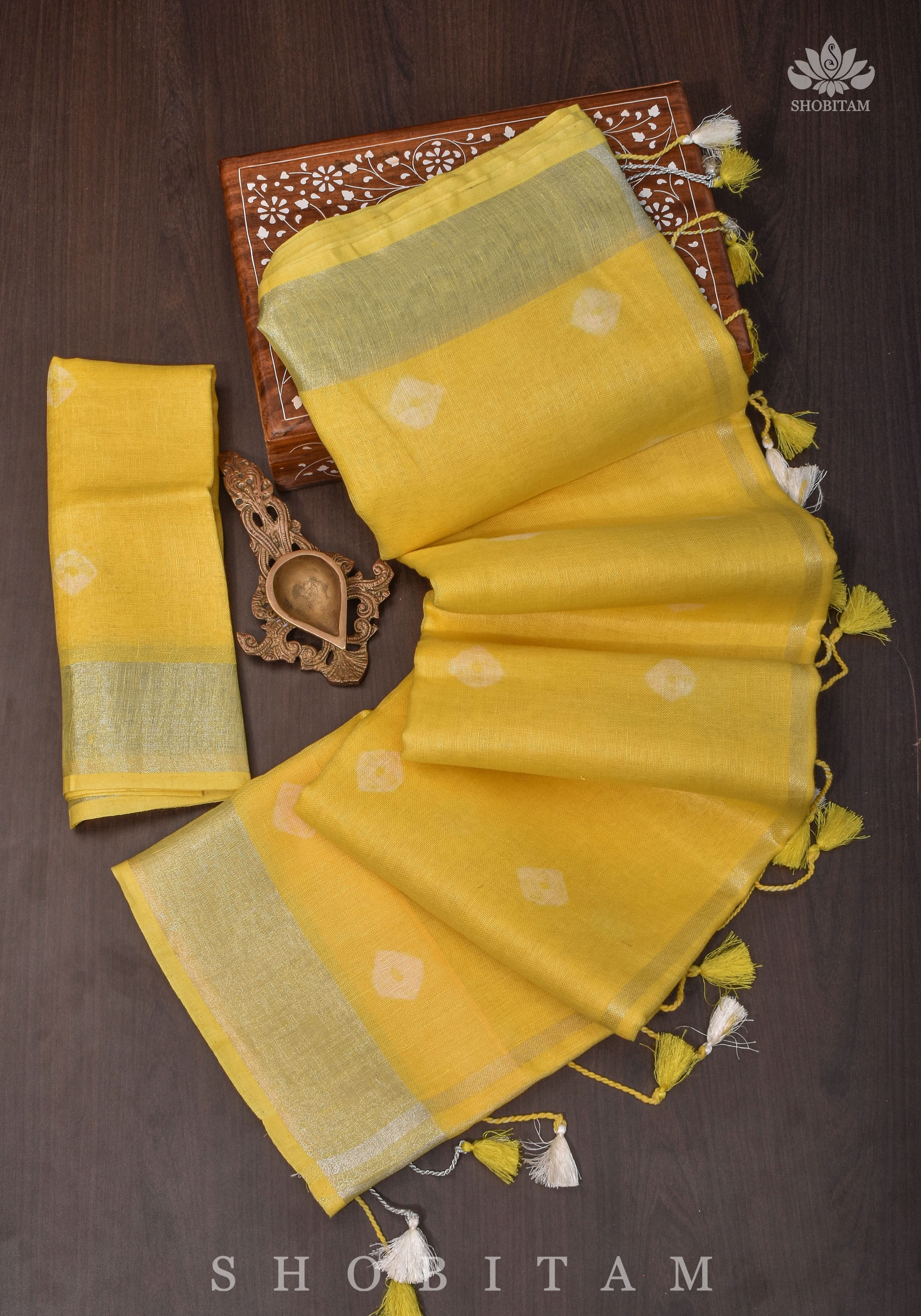 Authentic Bandini - Shibori on Pure Linen by Linen Saree with Zari Border in Sunflower Yellow | Shobitam