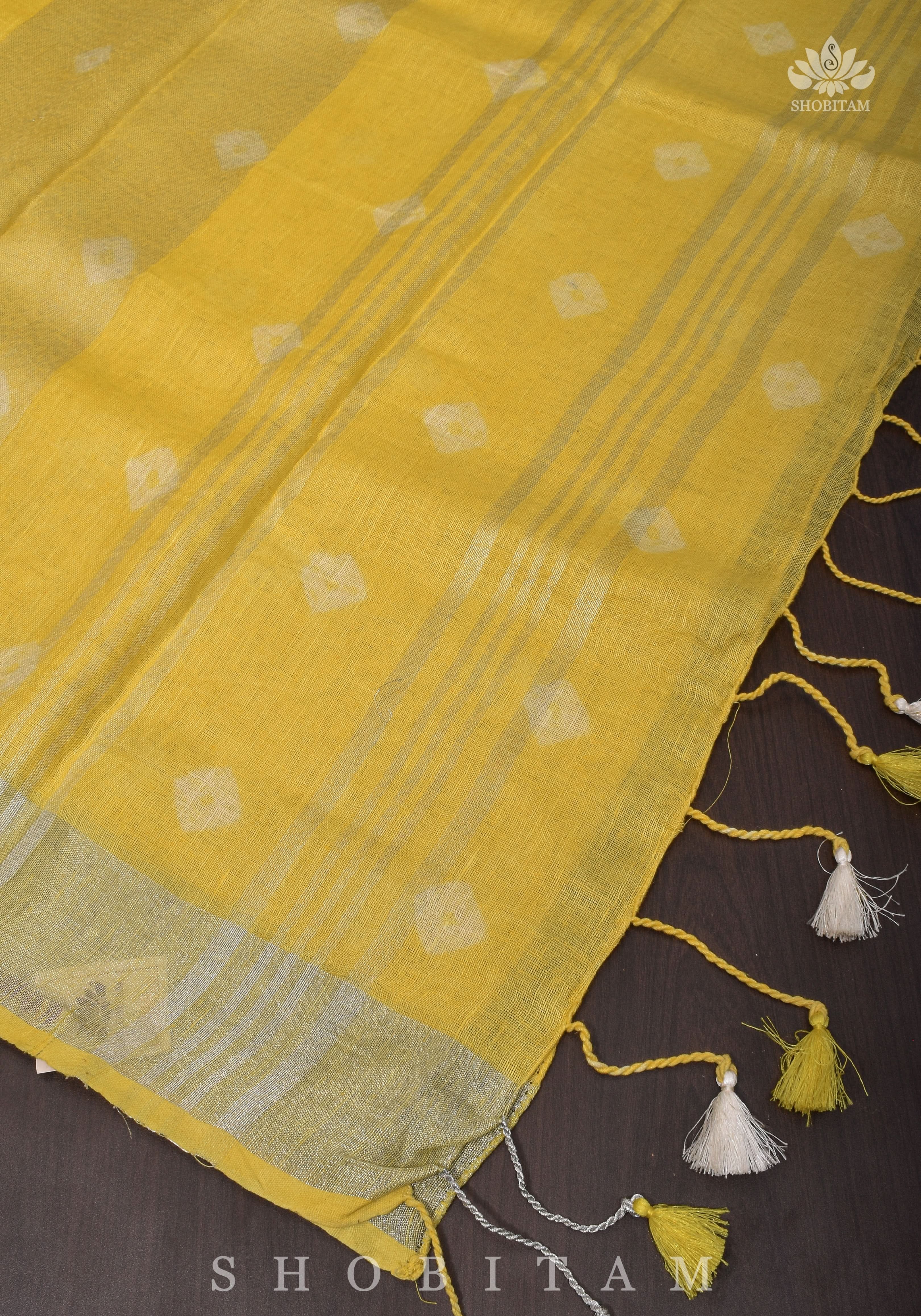 Authentic Bandini - Shibori on Pure Linen by Linen Saree with Zari Border in Sunflower Yellow | Shobitam