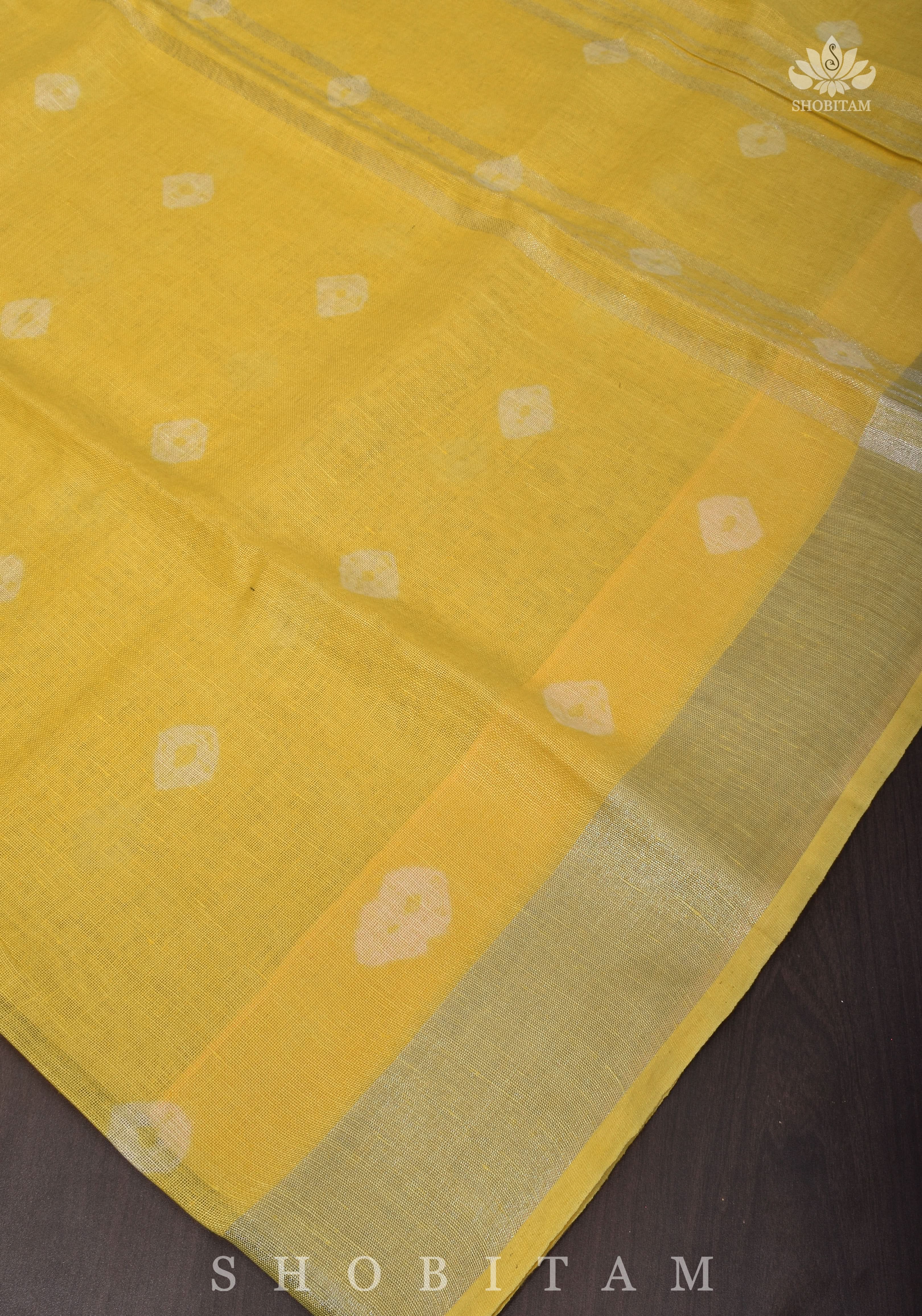 Authentic Bandini - Shibori on Pure Linen by Linen Saree with Zari Border in Sunflower Yellow | Shobitam