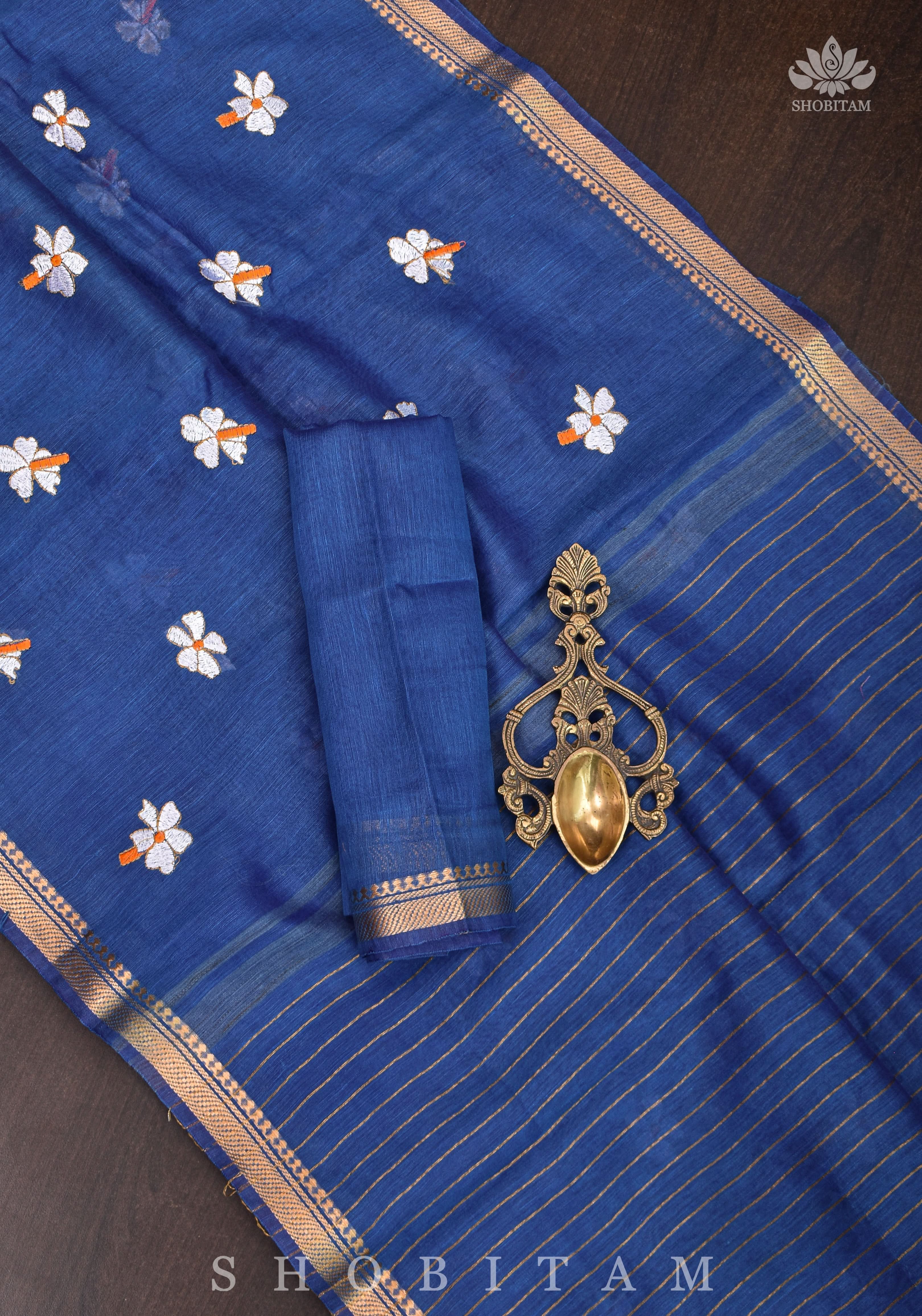 parijaat Blue Silk Linen Saree with Embroidery | Shobitam