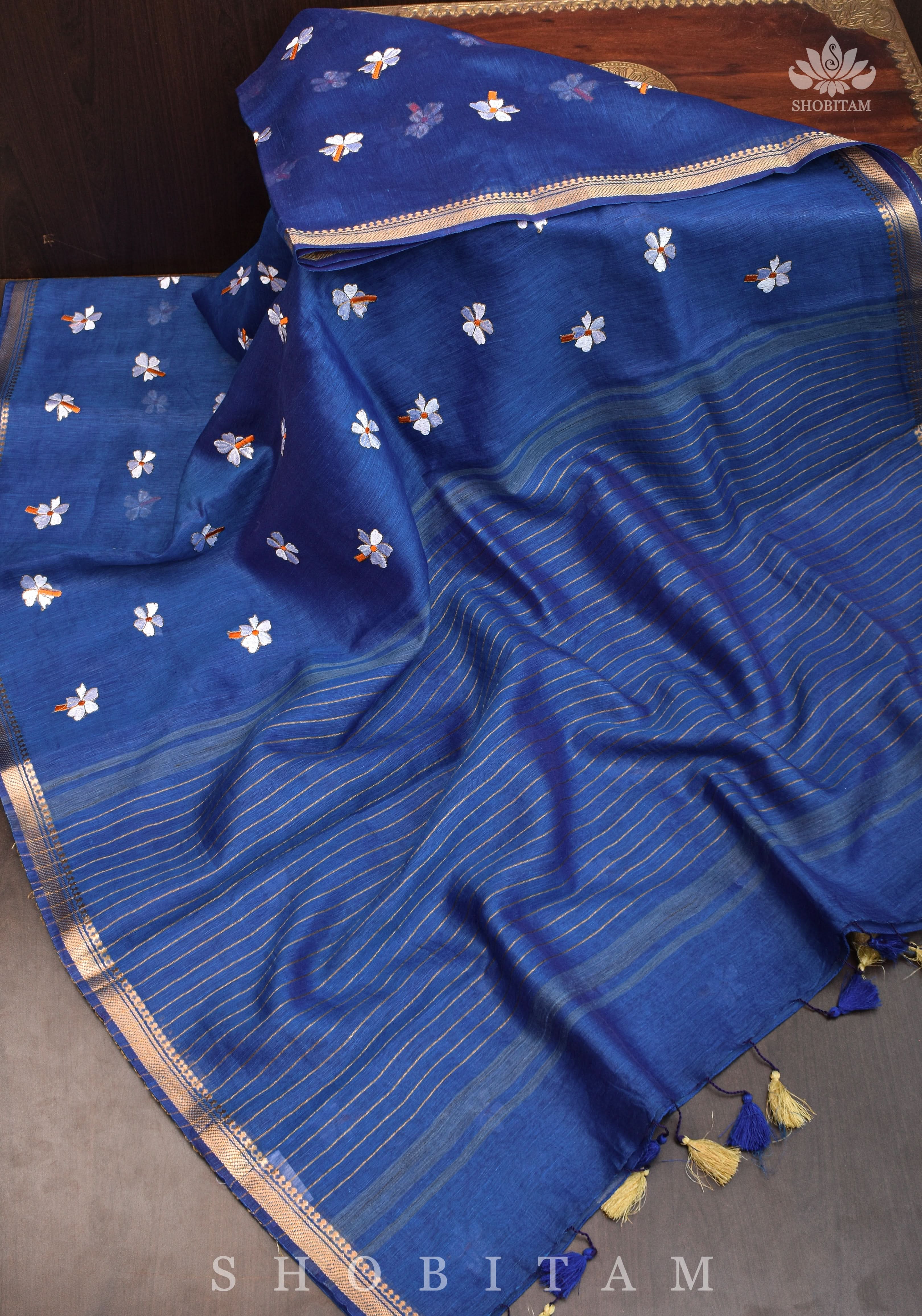 parijaat Blue Silk Linen Saree with Embroidery | Shobitam