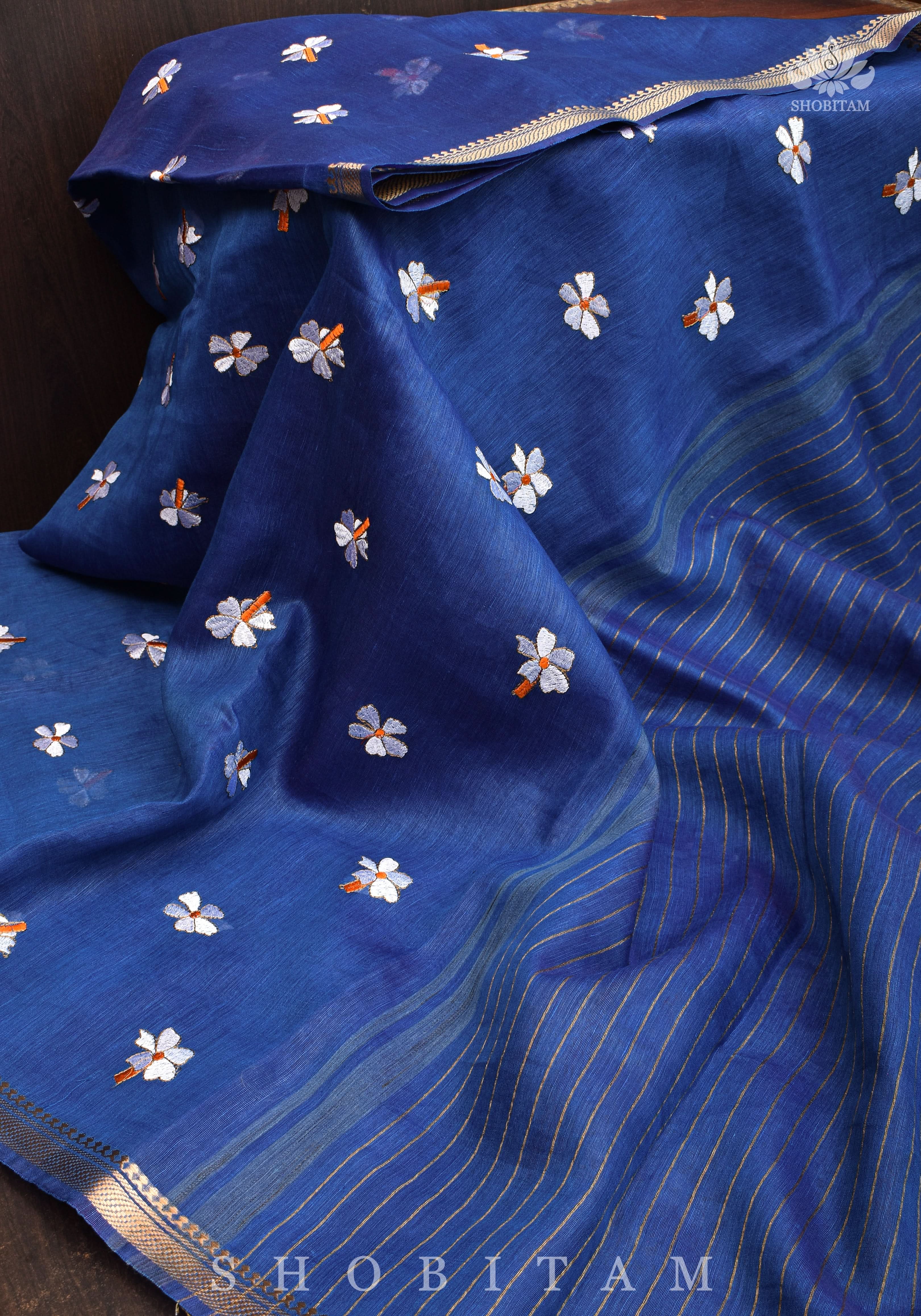 parijaat Blue Silk Linen Saree with Embroidery | Shobitam