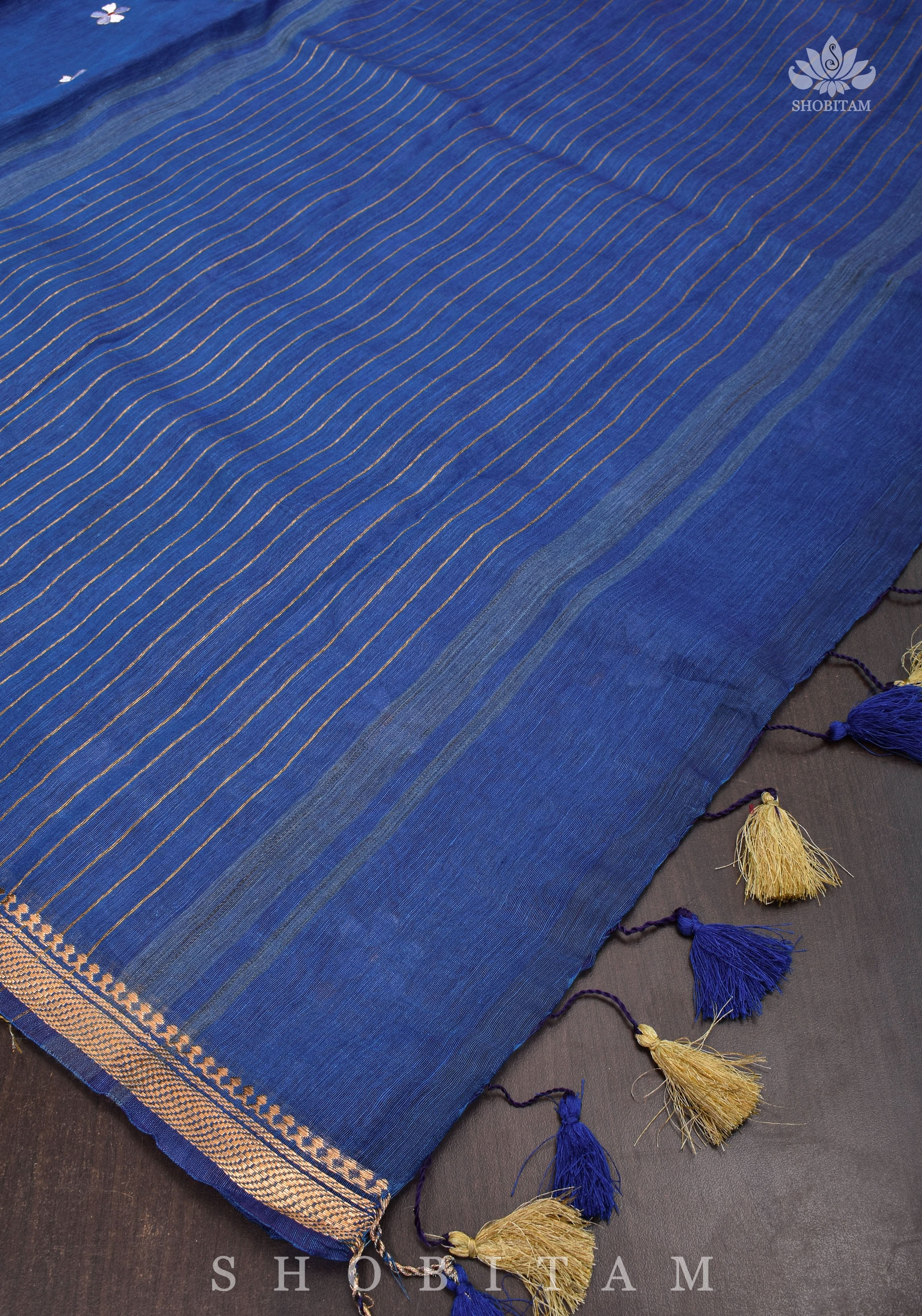parijaat Blue Silk Linen Saree with Embroidery | Shobitam