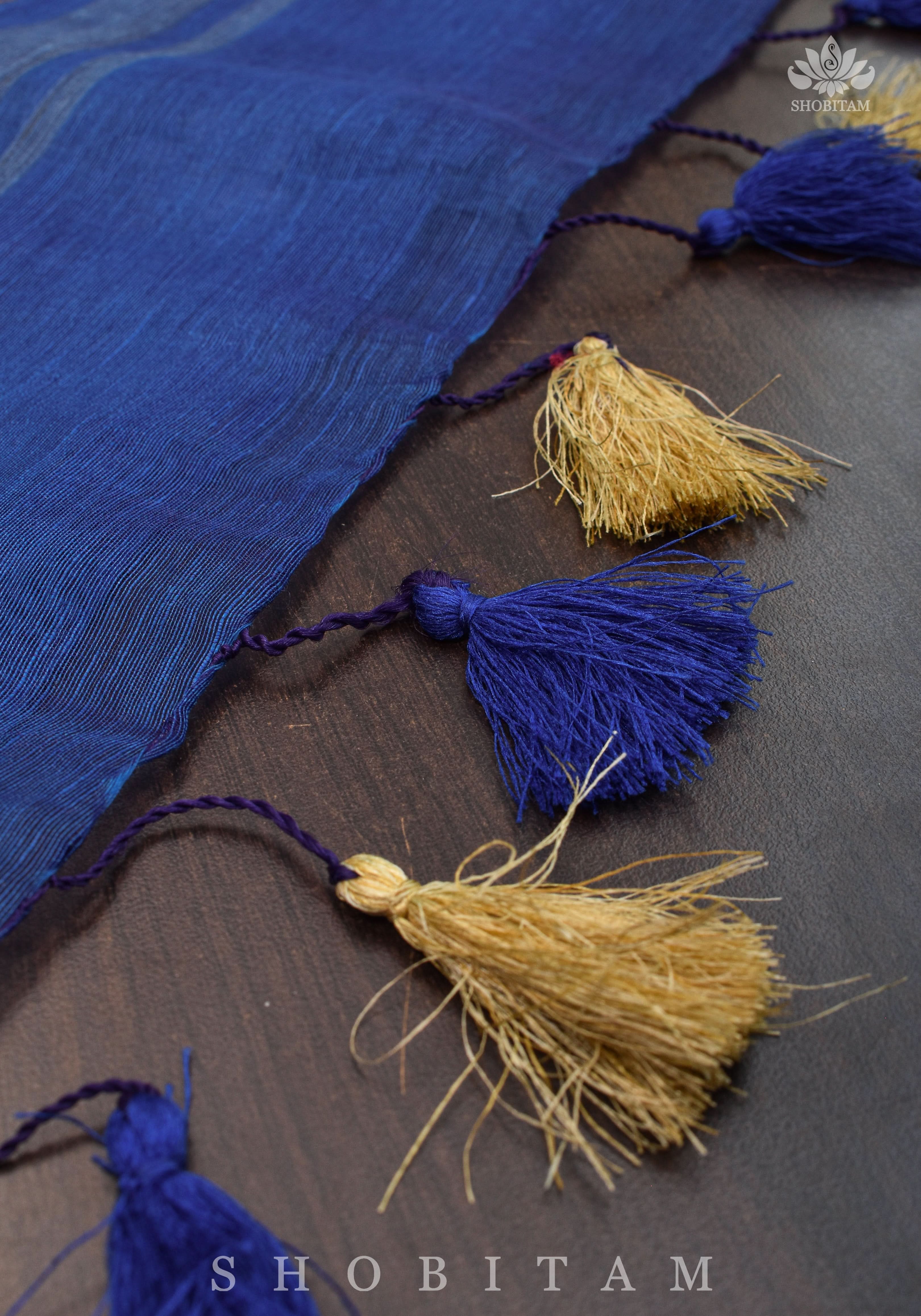 parijaat Blue Silk Linen Saree with Embroidery | Shobitam