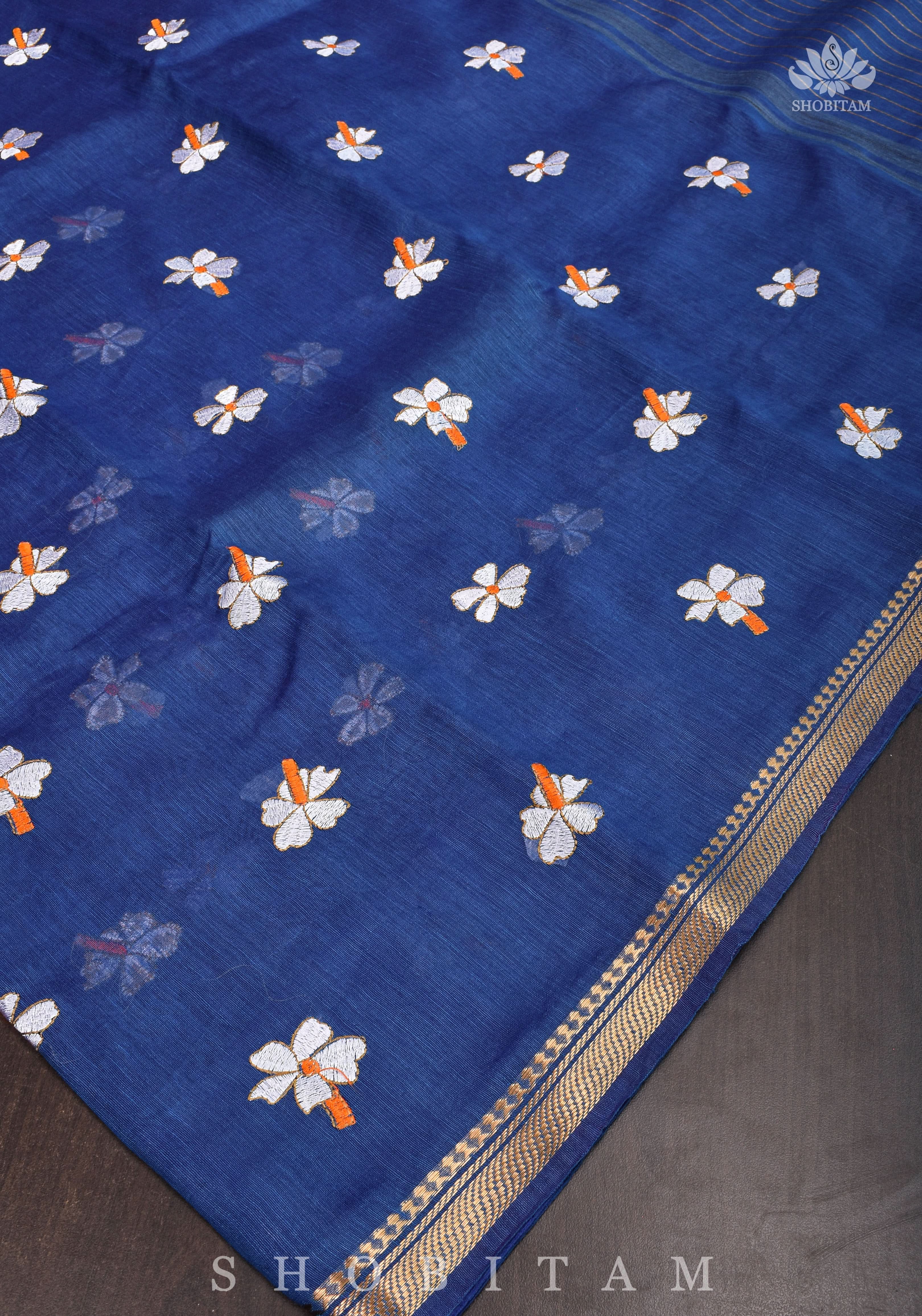 parijaat Blue Silk Linen Saree with Embroidery | Shobitam