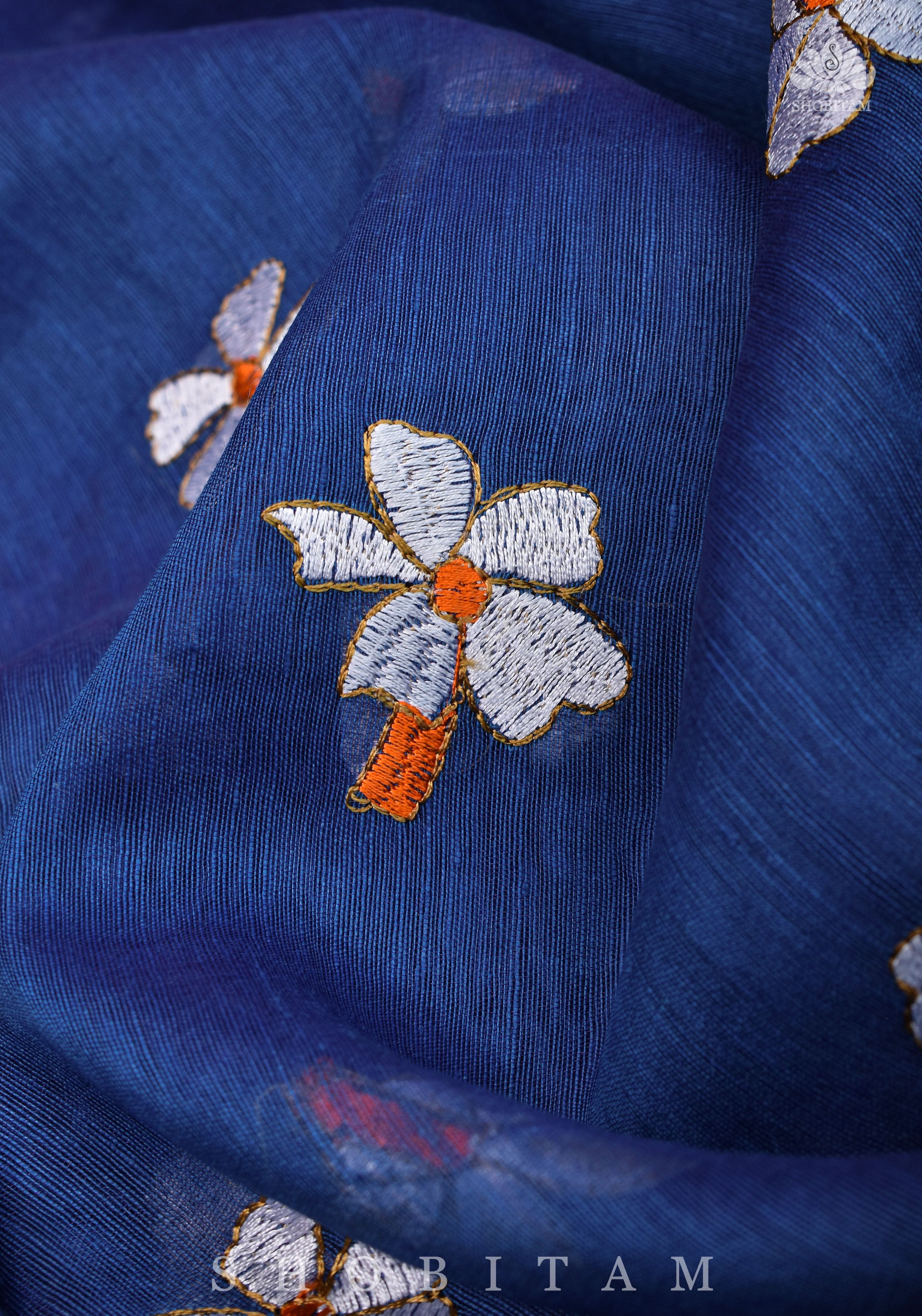 parijaat Blue Silk Linen Saree with Embroidery | Shobitam