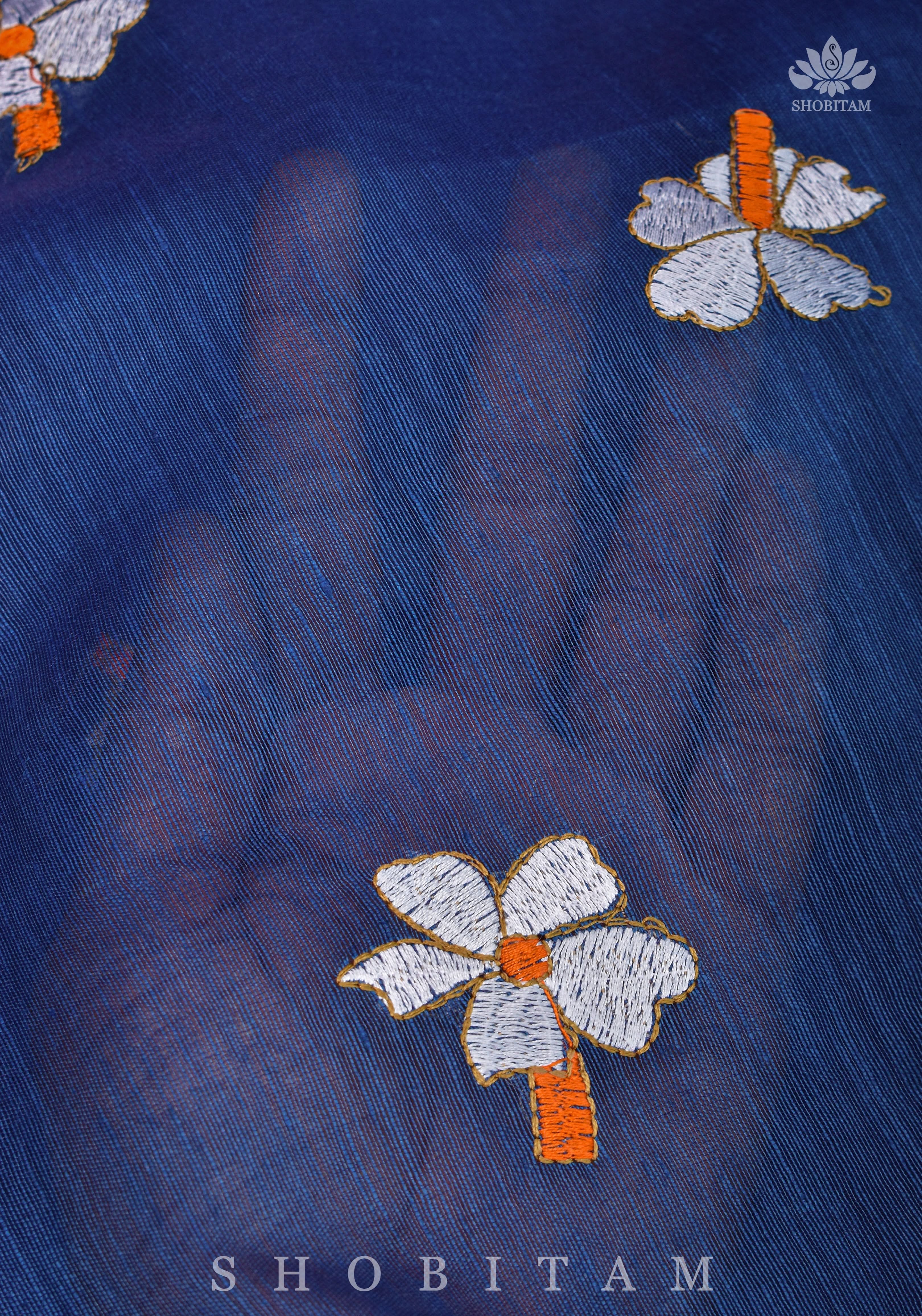 parijaat Blue Silk Linen Saree with Embroidery | Shobitam