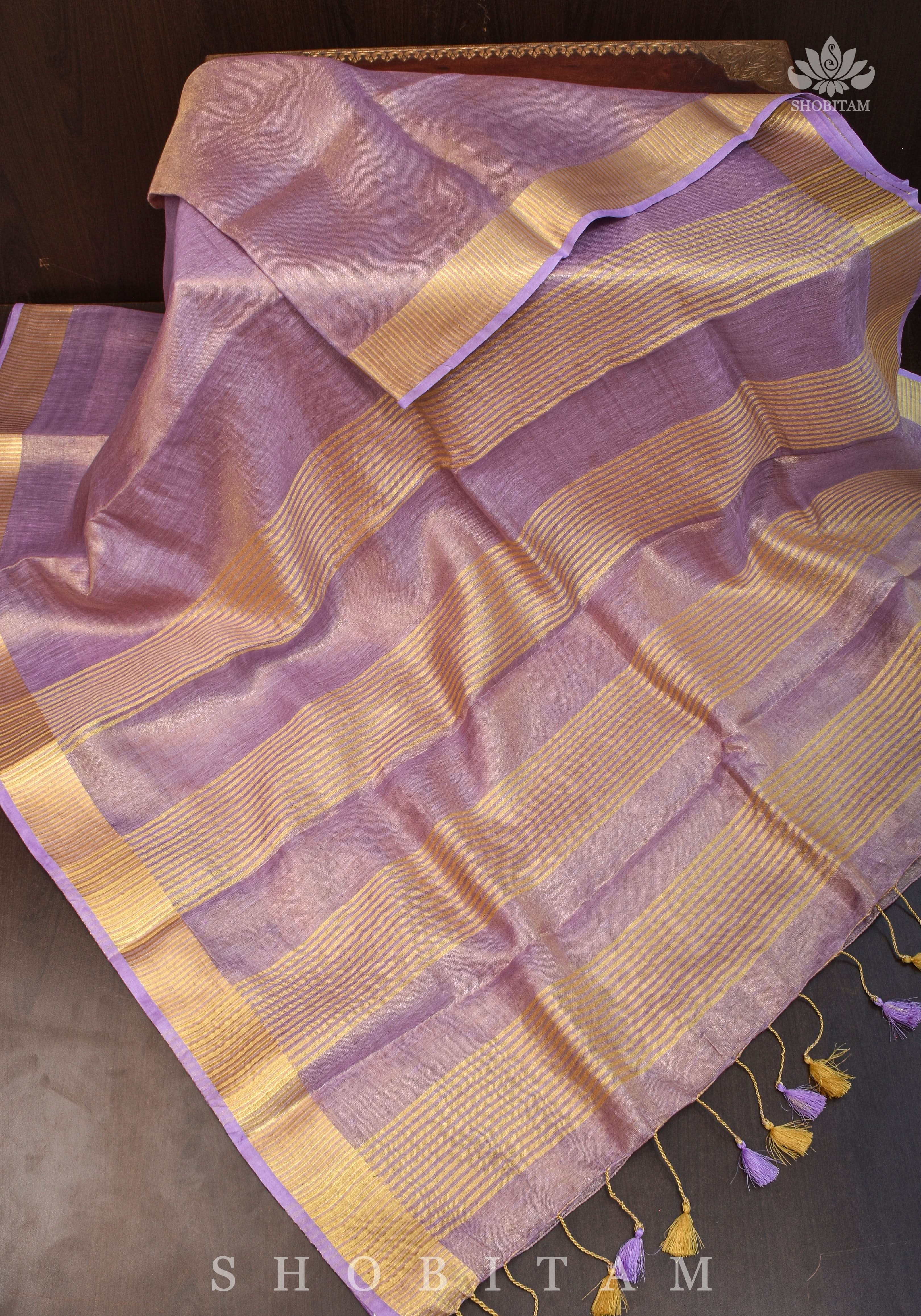 Lavender and Gold Tissue by Linen Saree | Shobitam