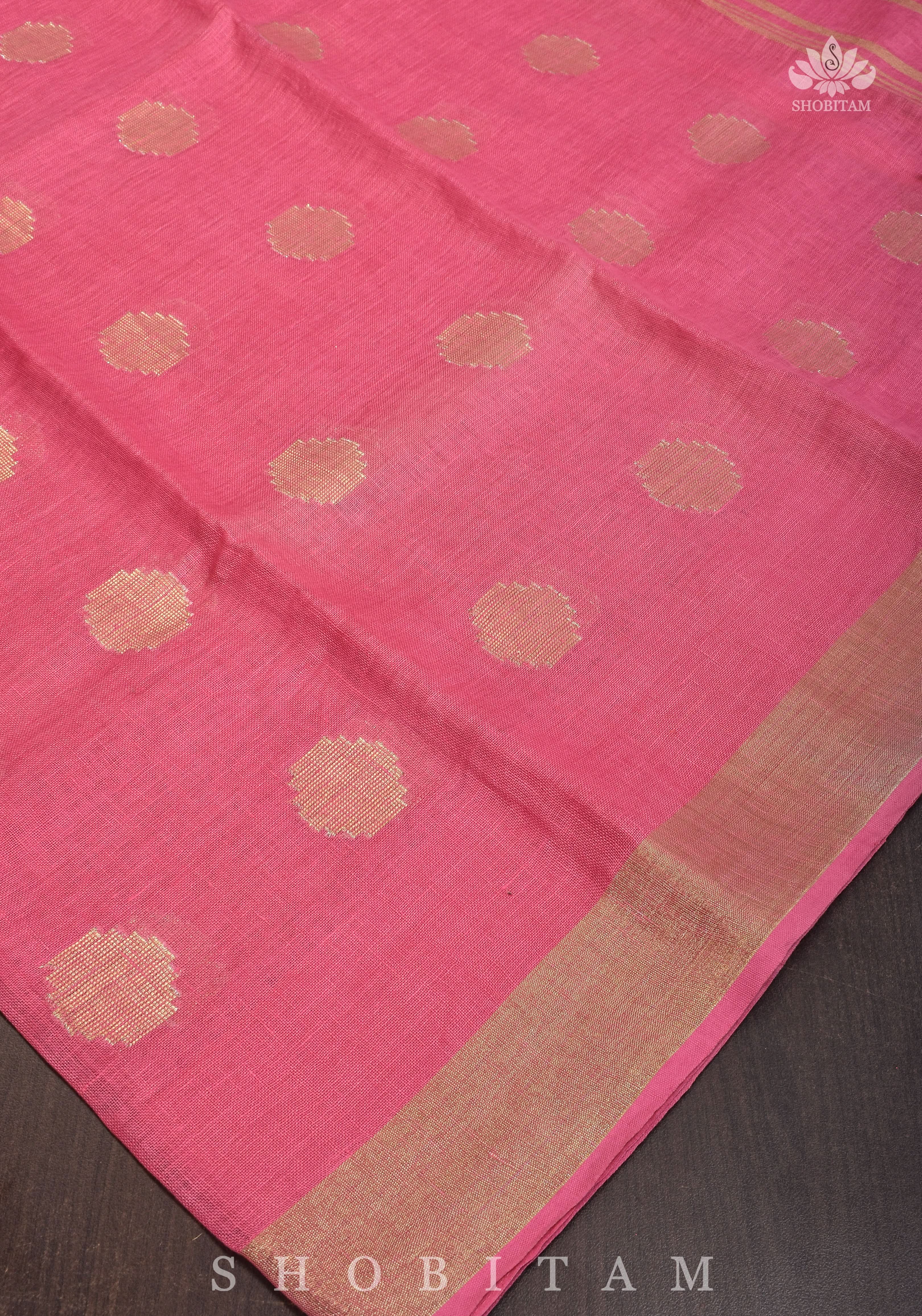 Carnation Pink Linen Saree with Polka Dots Weave | Shobitam Saree