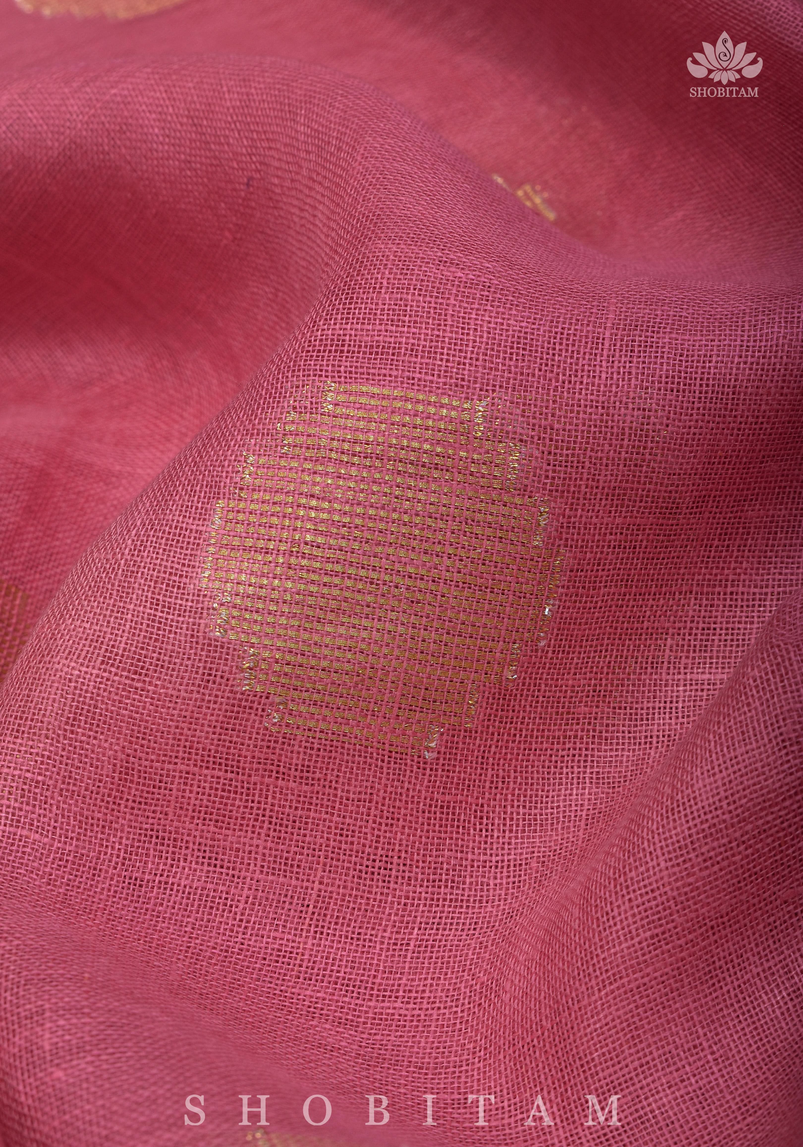 Carnation Pink Linen Saree with Polka Dots Weave | Shobitam Saree