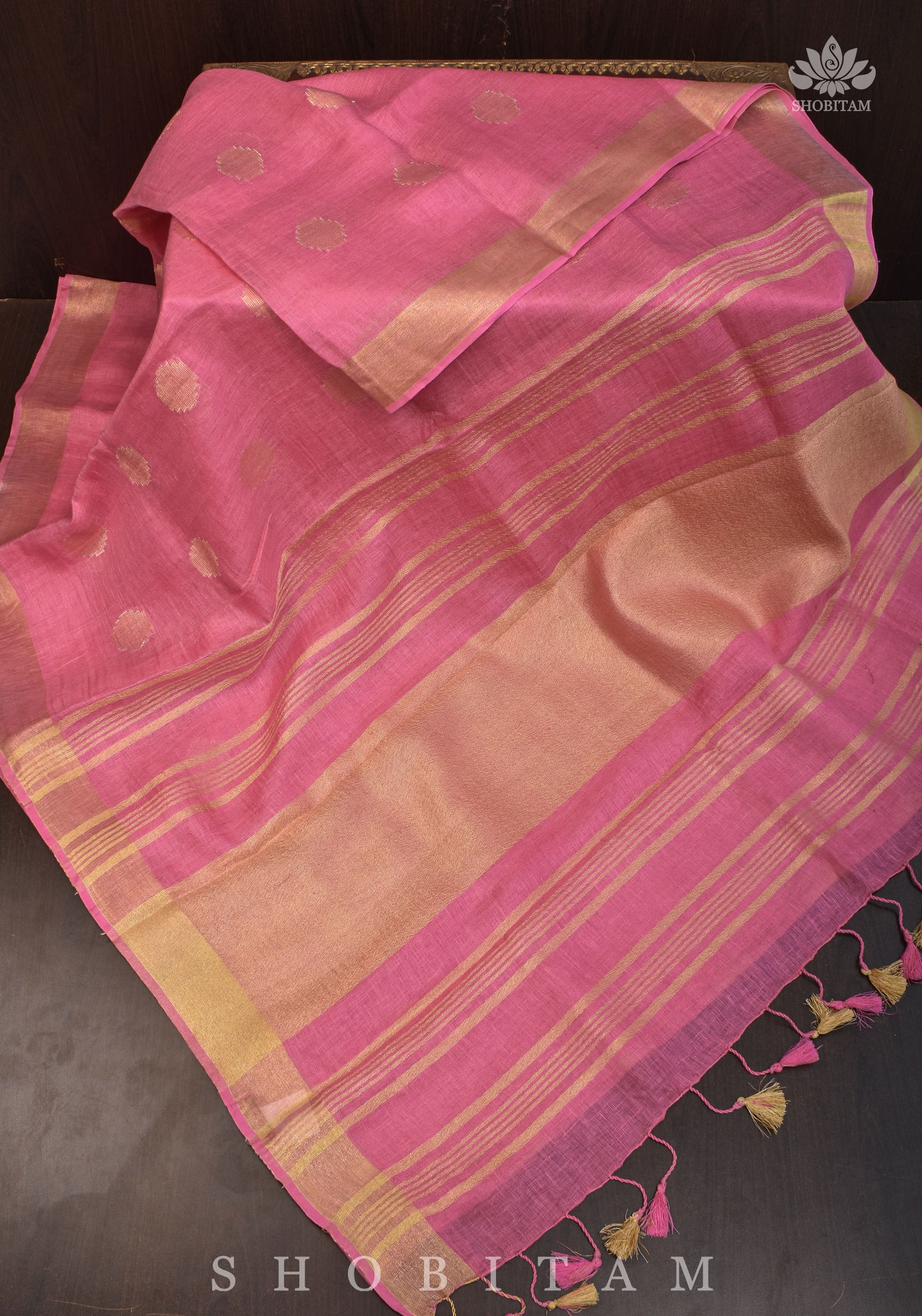 Carnation Pink Linen Saree with Polka Dots Weave | Shobitam Saree