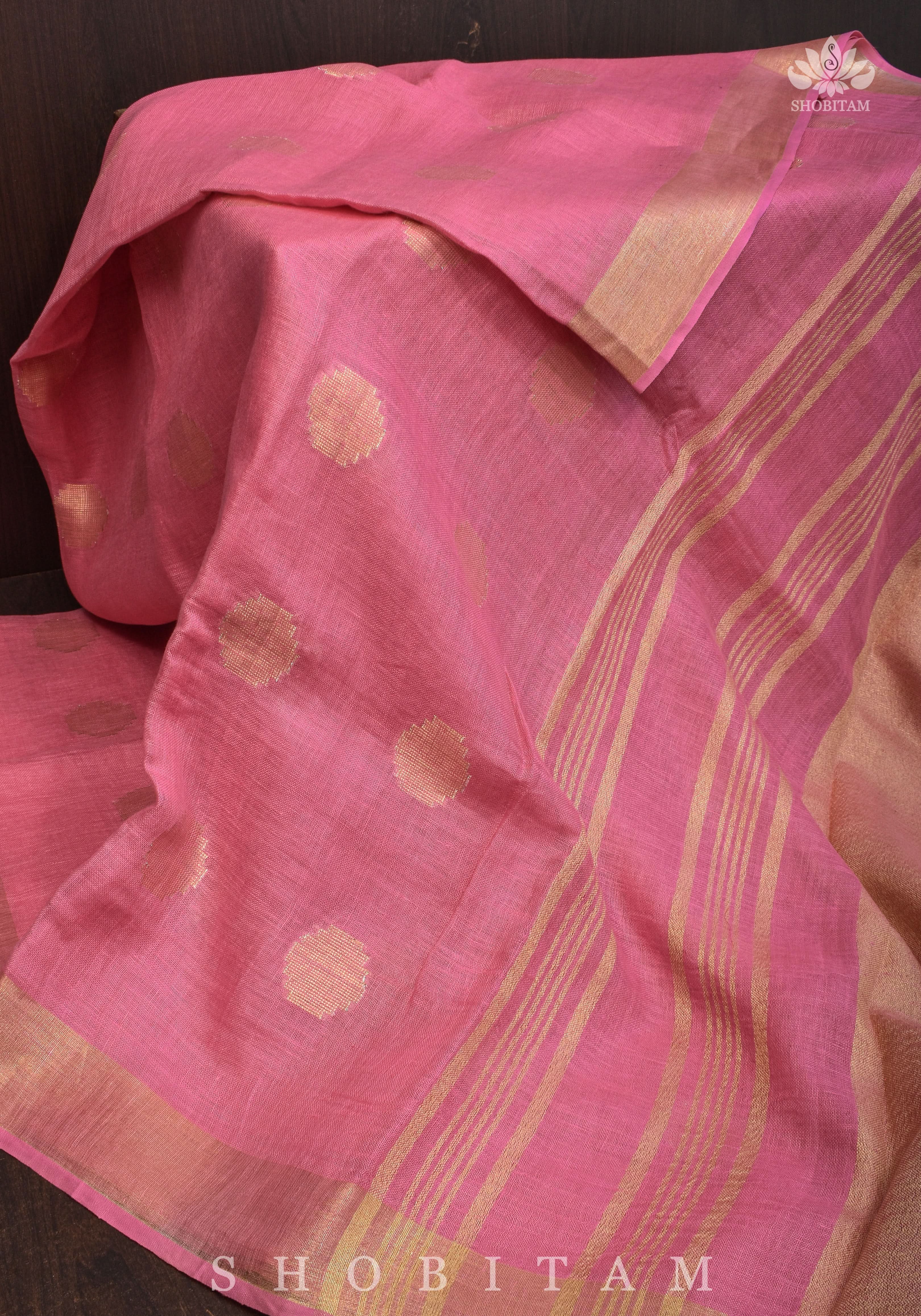Carnation Pink Linen Saree with Polka Dots Weave | Shobitam Saree