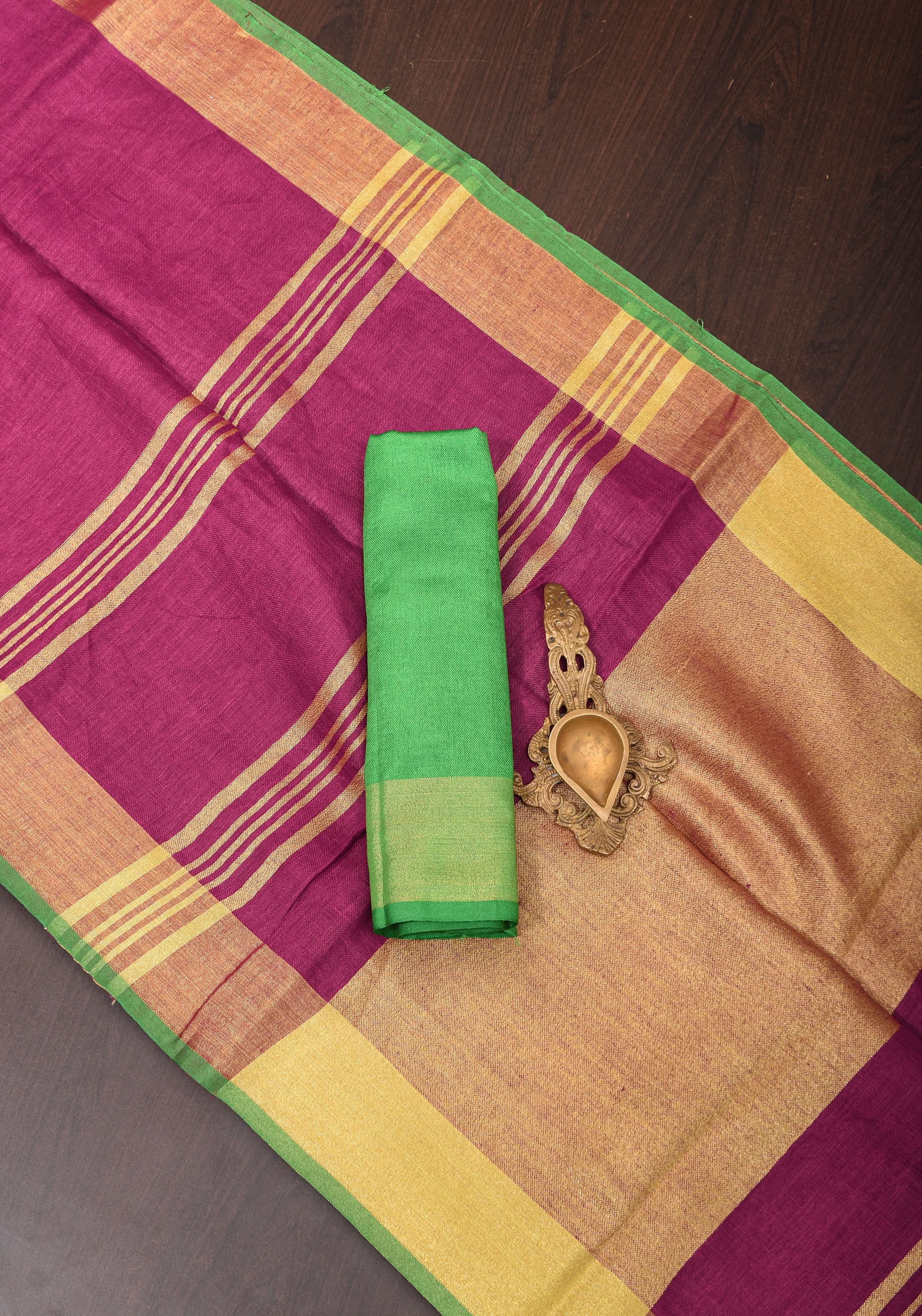 Magenta Pink and Green Linen Saree with Gold Zari Border and Green Selvedge | Shobitam