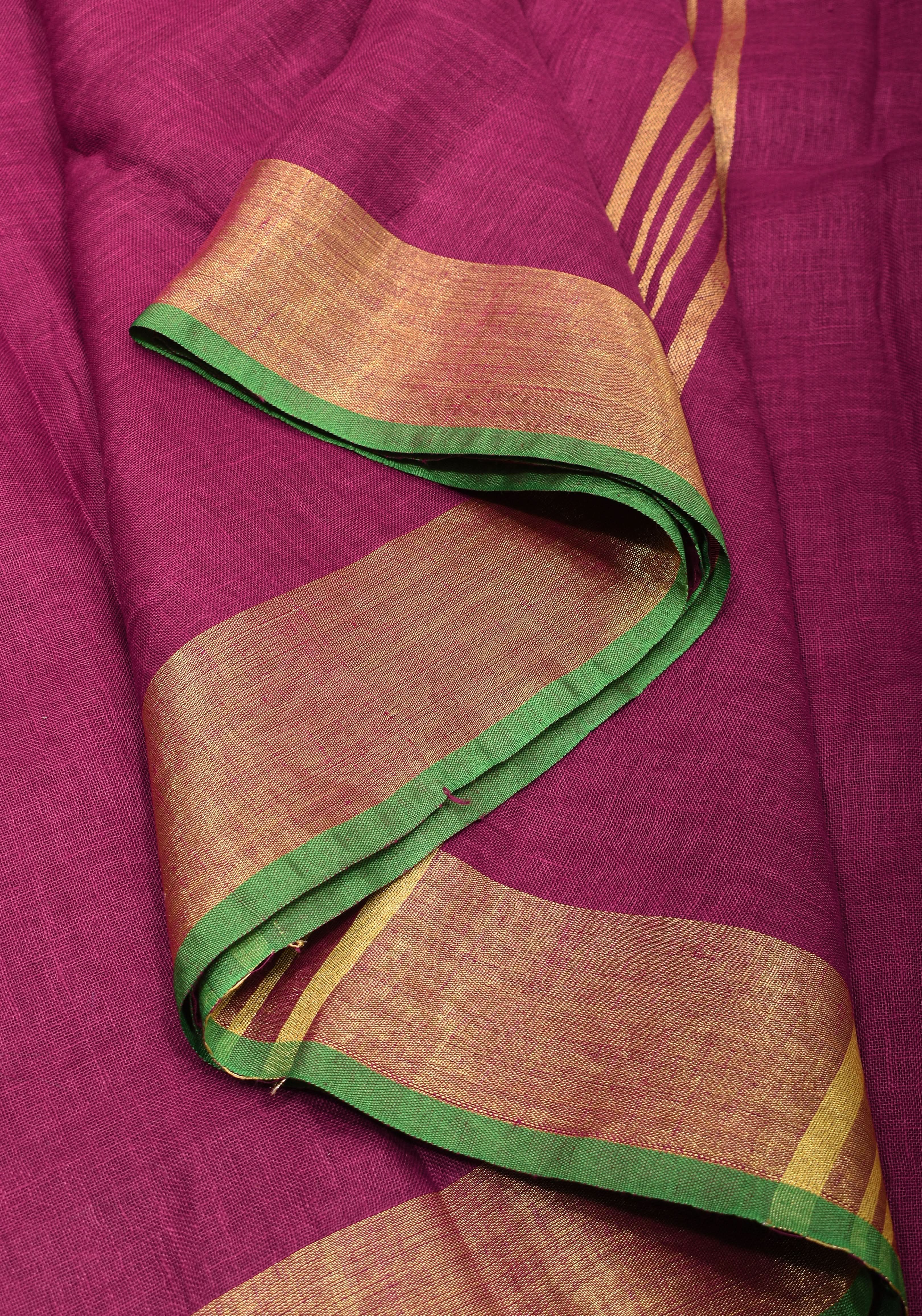 Magenta Pink and Green Linen Saree with Gold Zari Border and Green Selvedge | Shobitam