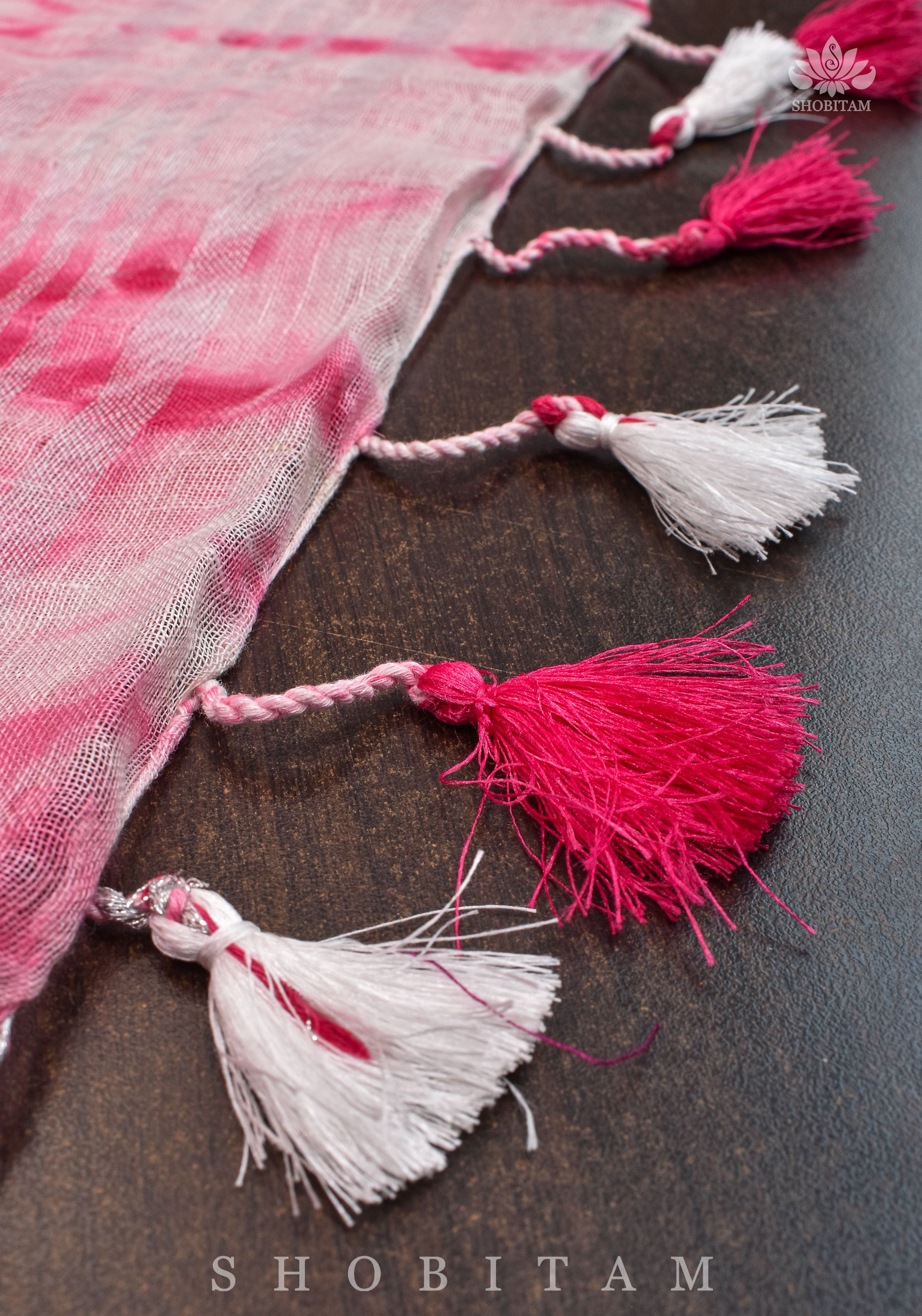 Shibori in Pink & White on Pure Linen by Linen Saree with Muted Silver Zari Border | Shobitam
