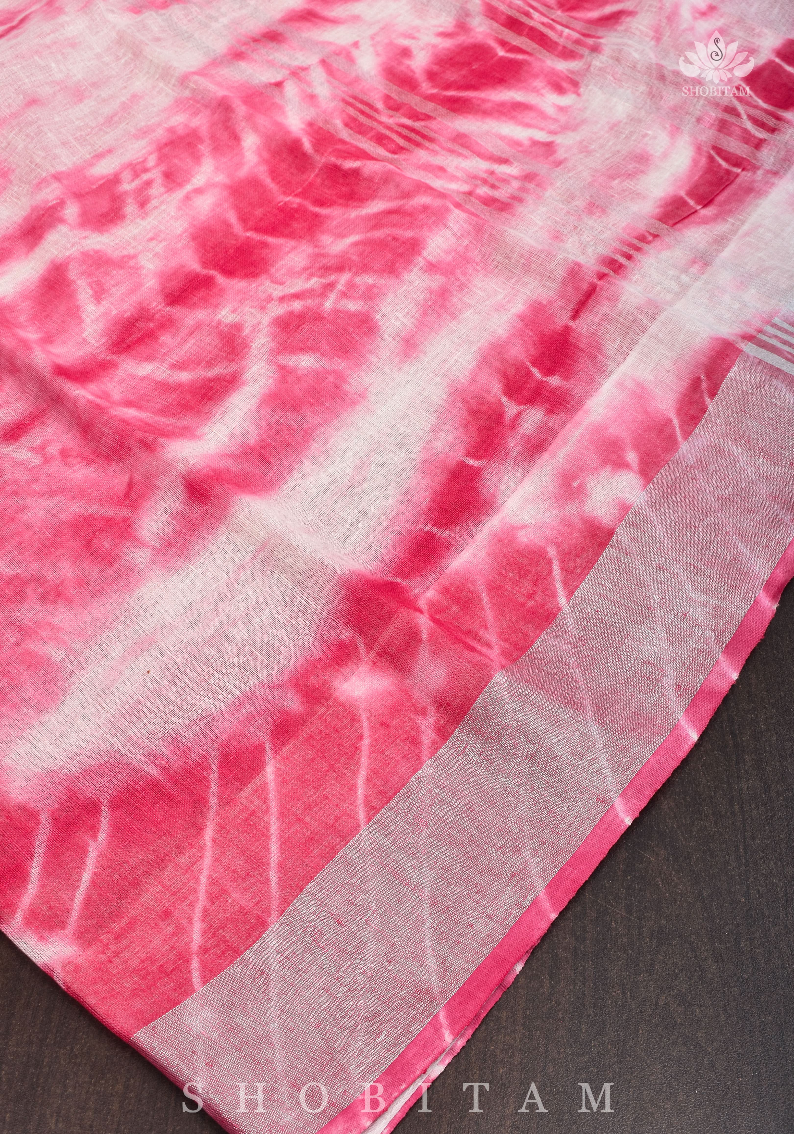 Shibori in Pink & White on Pure Linen by Linen Saree with Muted Silver Zari Border | Shobitam