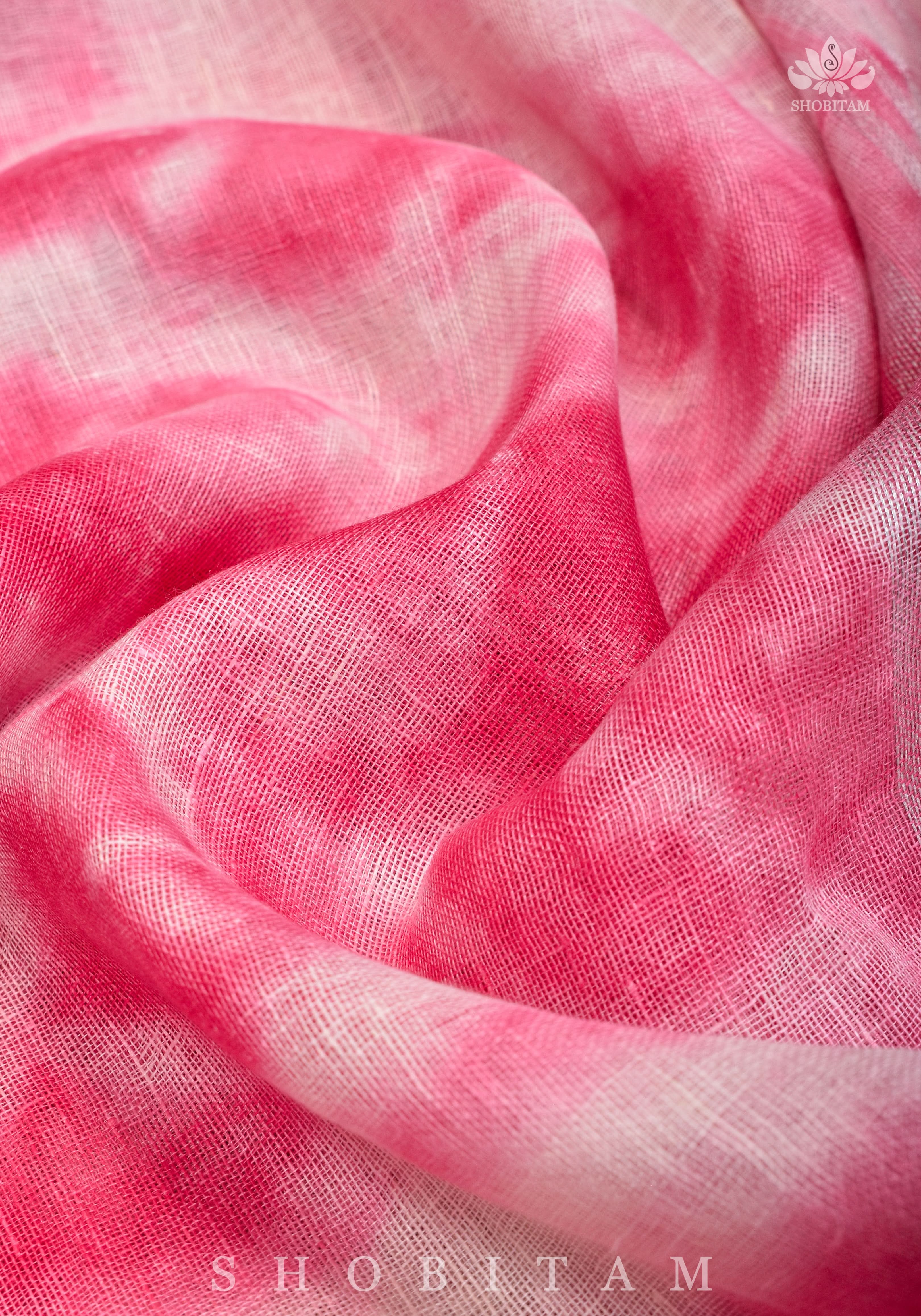 Shibori in Pink & White on Pure Linen by Linen Saree with Muted Silver Zari Border | Shobitam