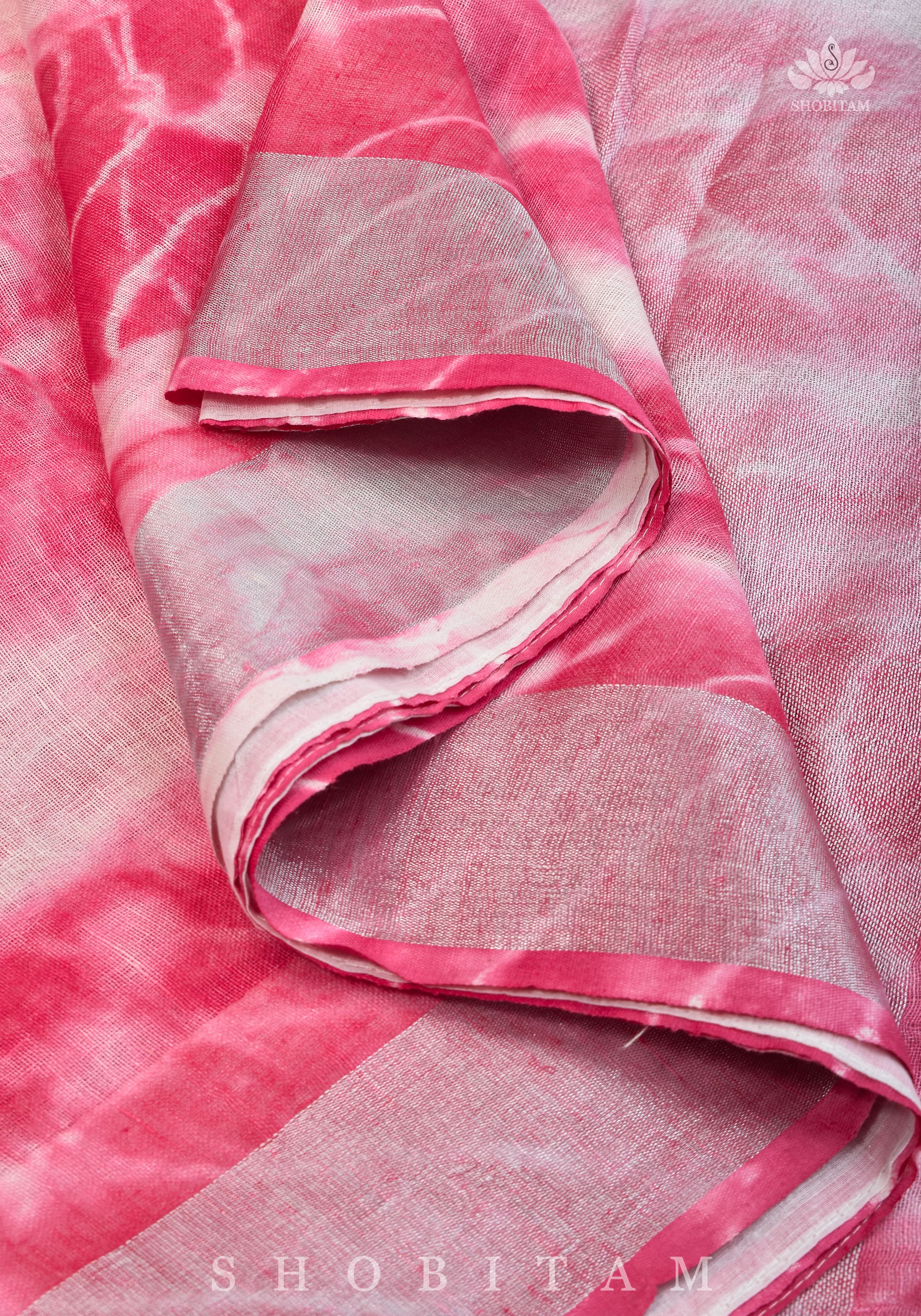 Shibori in Pink & White on Pure Linen by Linen Saree with Muted Silver Zari Border | Shobitam