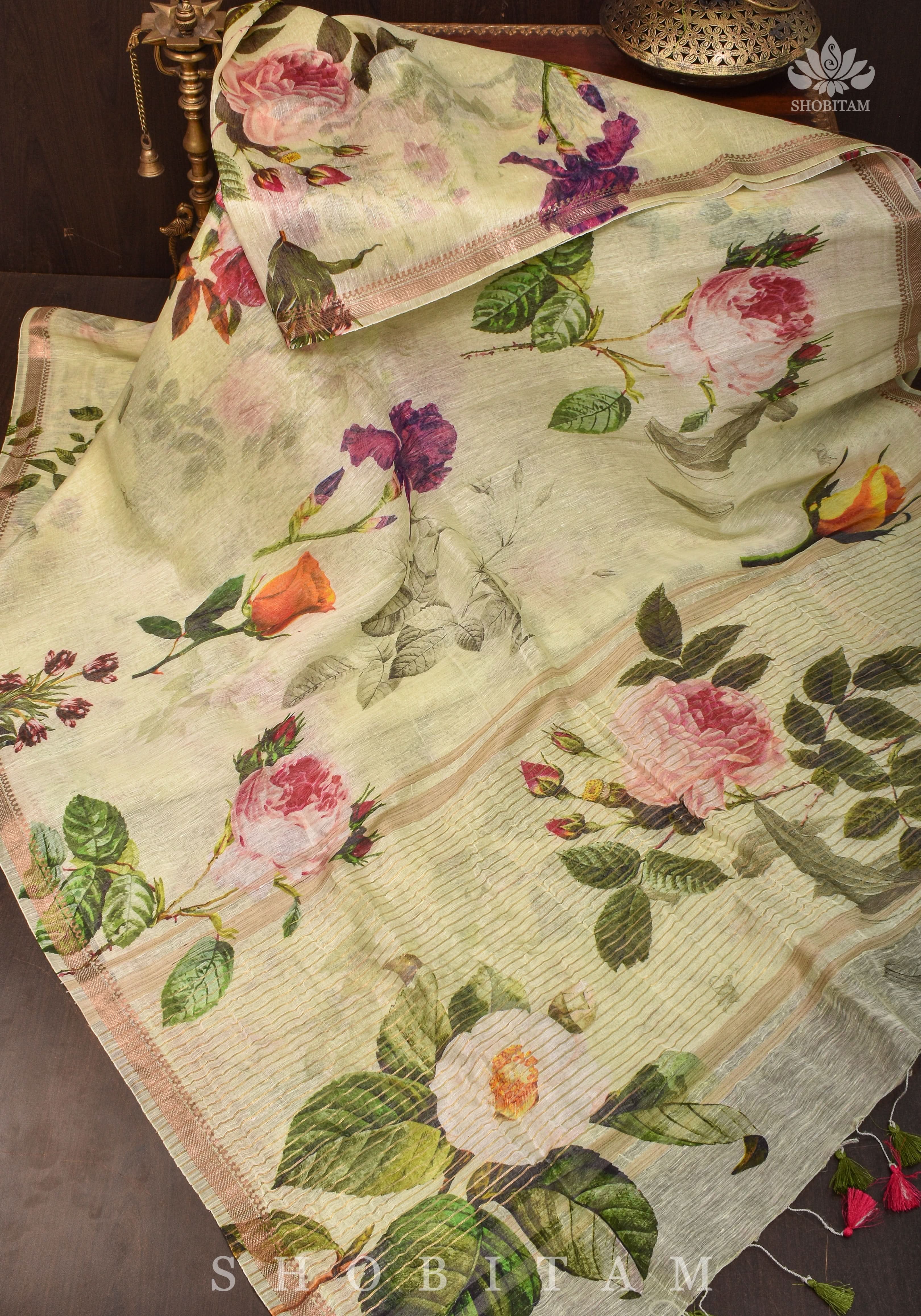 Charming Cream Floral Print Silk Linen Saree with long tassels | Shobitam