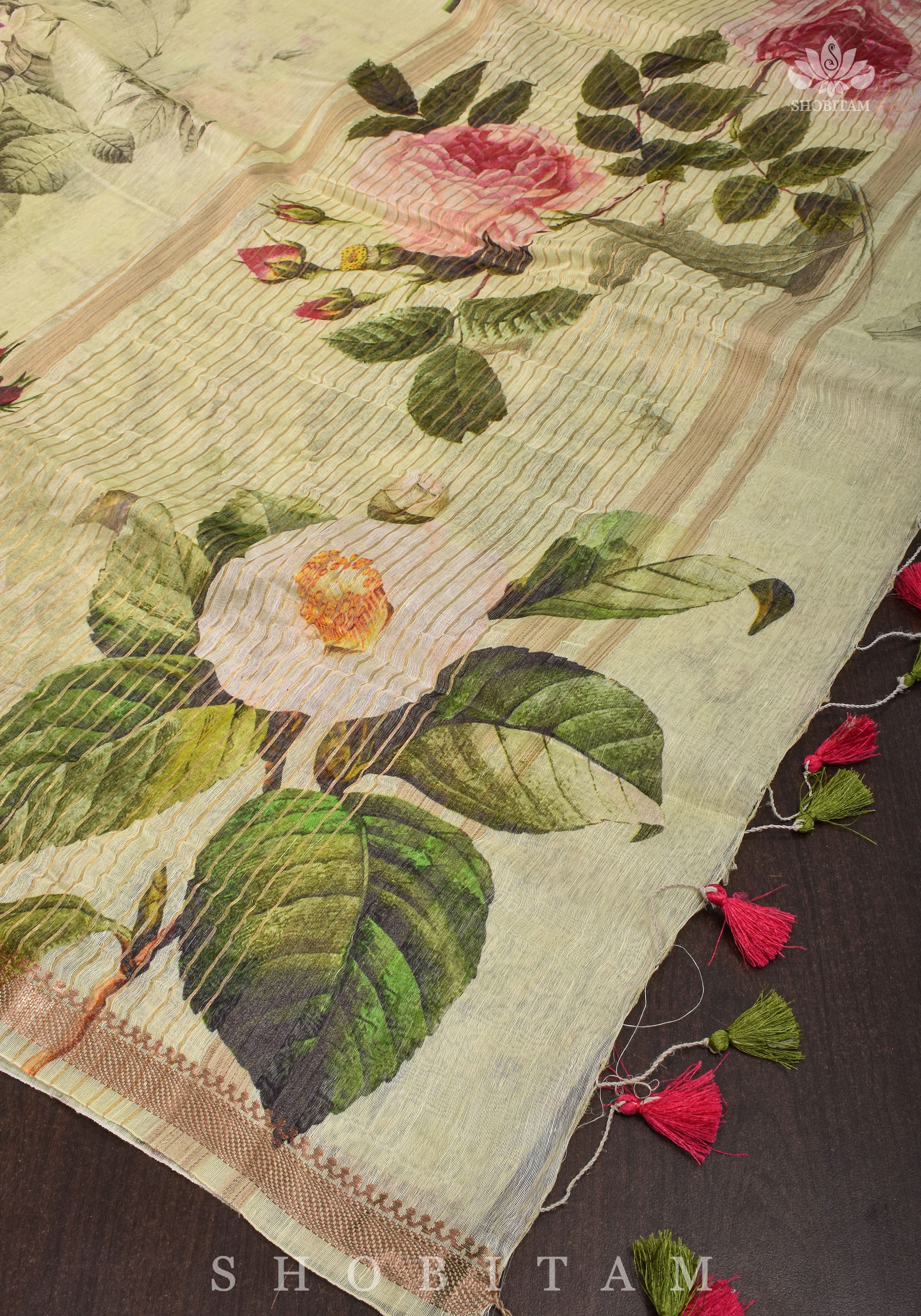 Charming Cream Floral Print Silk Linen Saree with long tassels | Shobitam