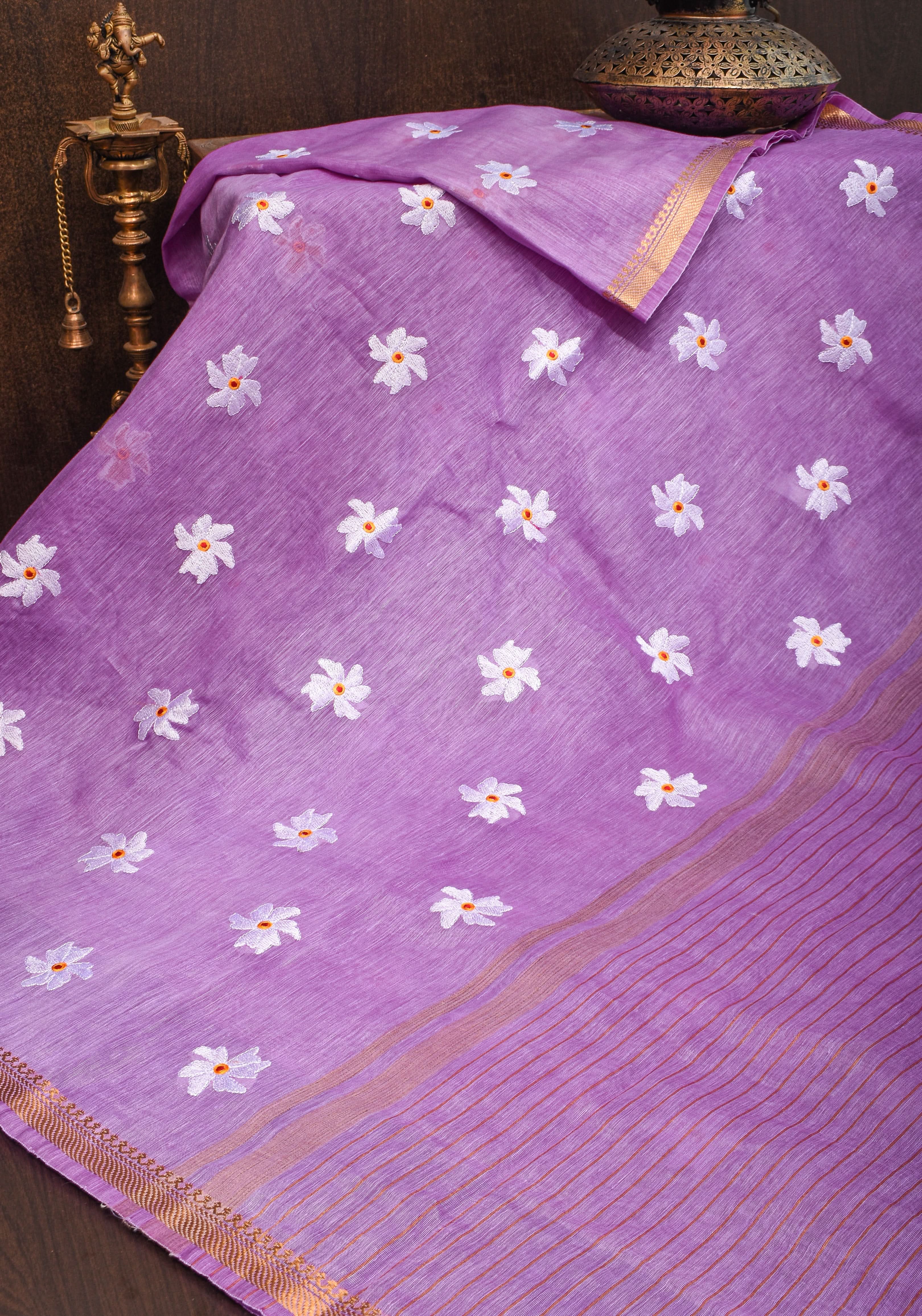Lavender Tone silk linen saree with white Parijaat Floral embroidery and Zari Border | Shobitam