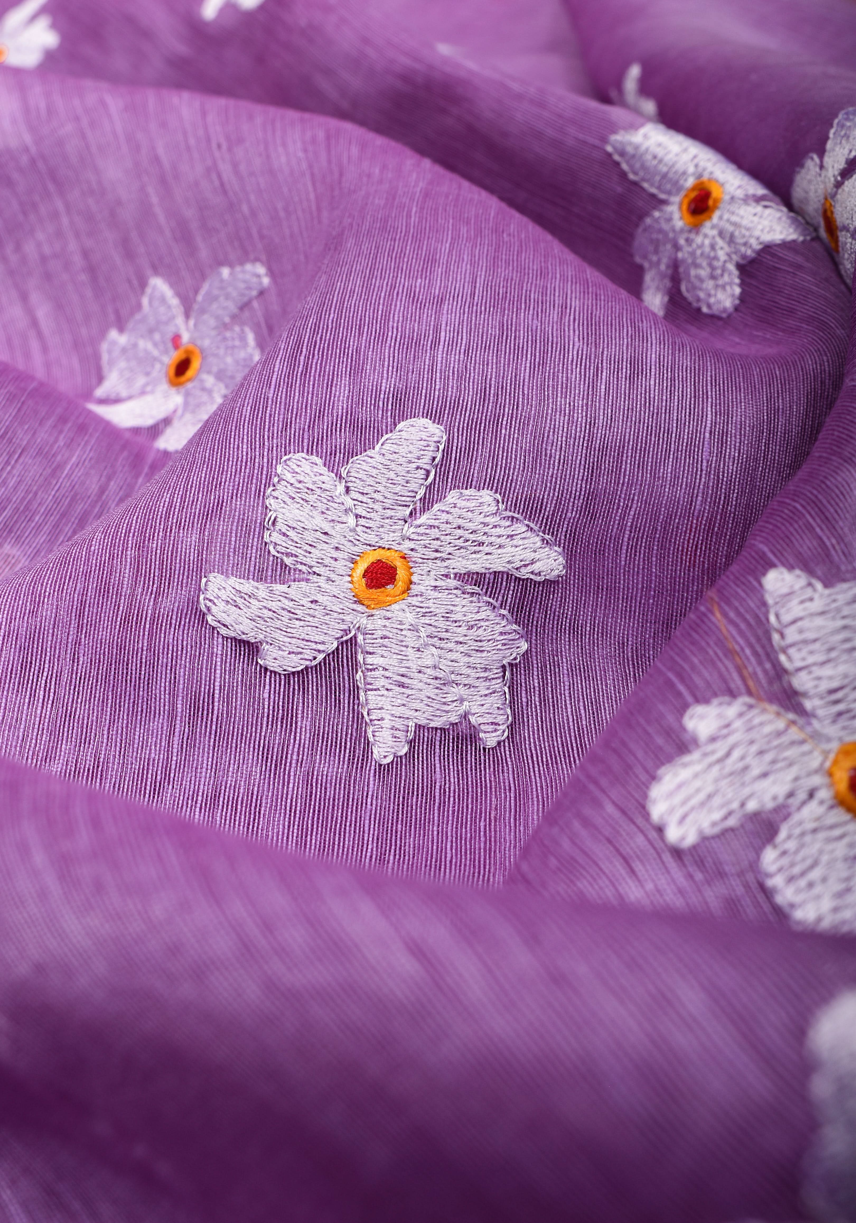 Lavender Tone silk linen saree with white Parijaat Floral embroidery and Zari Border | Shobitam