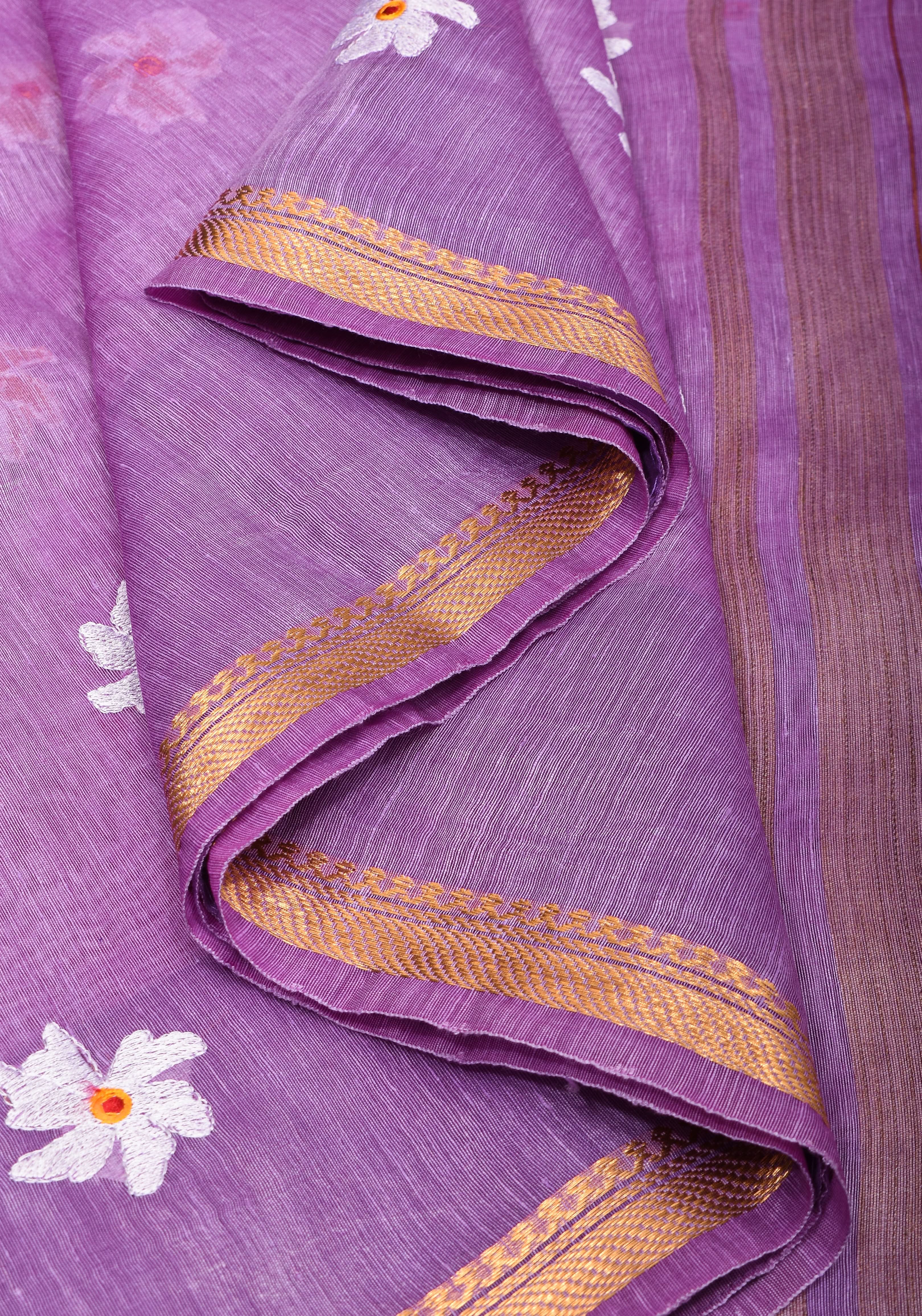 Lavender Tone silk linen saree with white Parijaat Floral embroidery and Zari Border | Shobitam