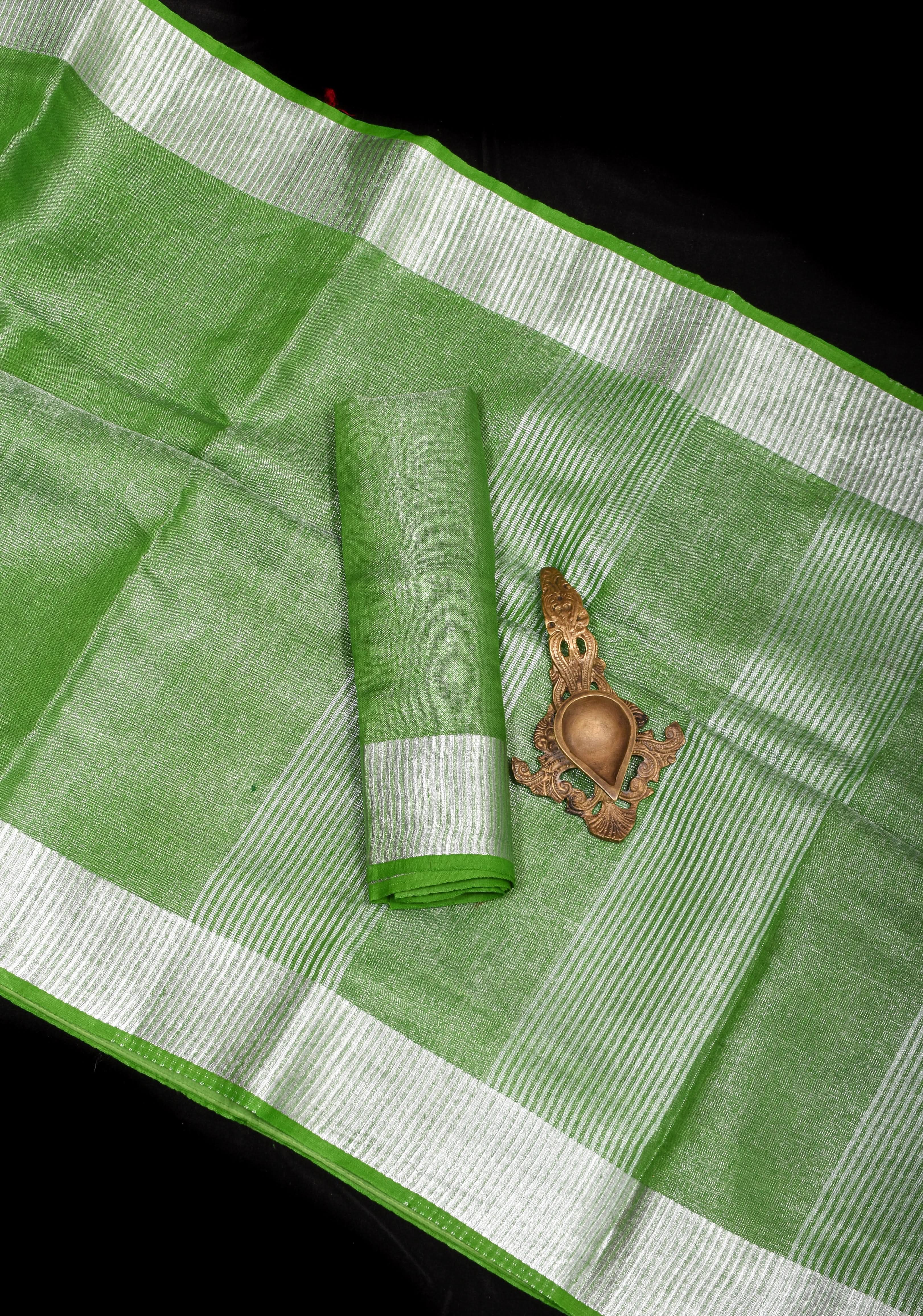 Green Silver Tissue Linen Saree with Silver Ribbed Zari Borders and Panel Pallu | Shobitam