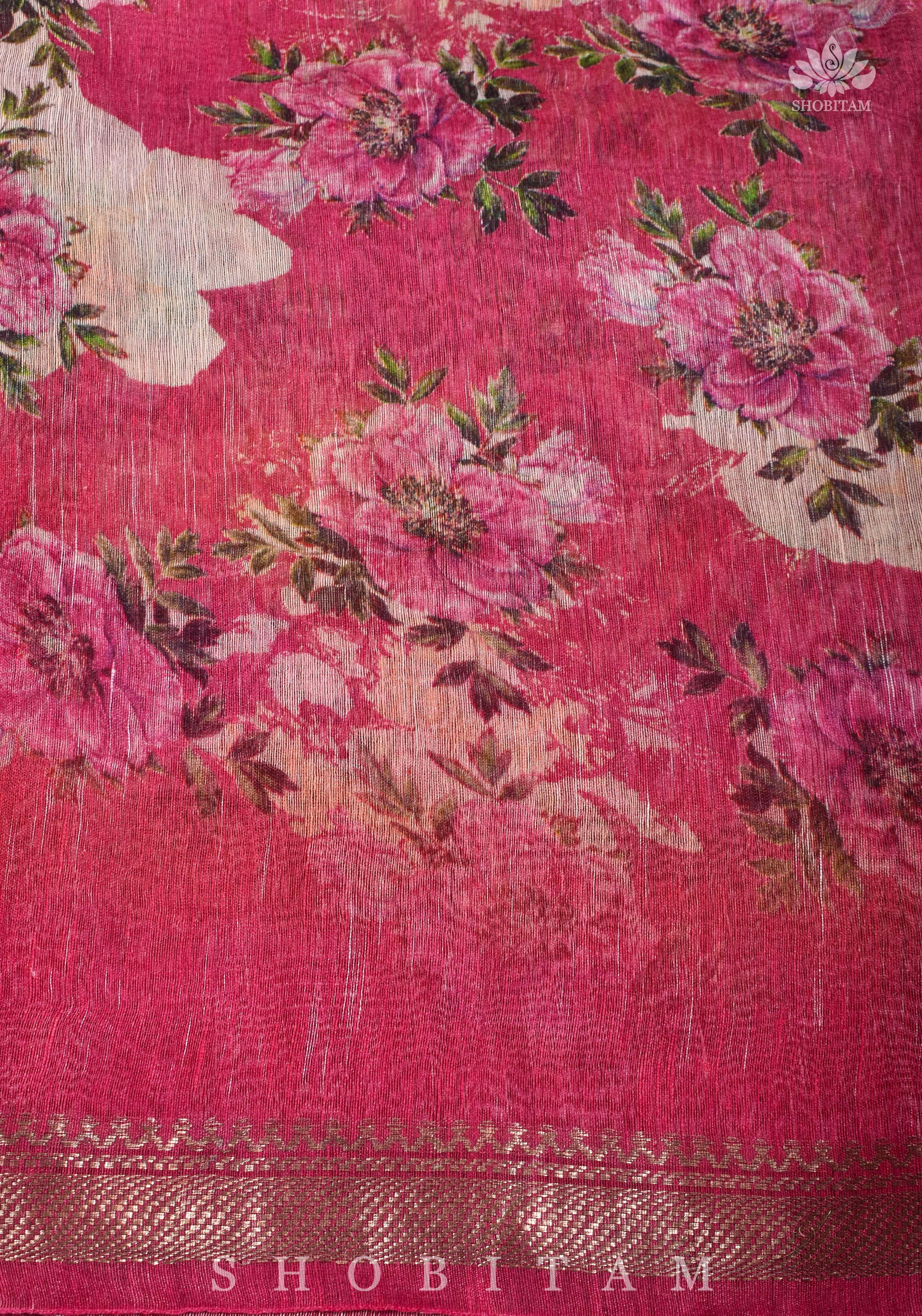 Yellow Floral Digital Print Silk Linen Saree | Shobitam