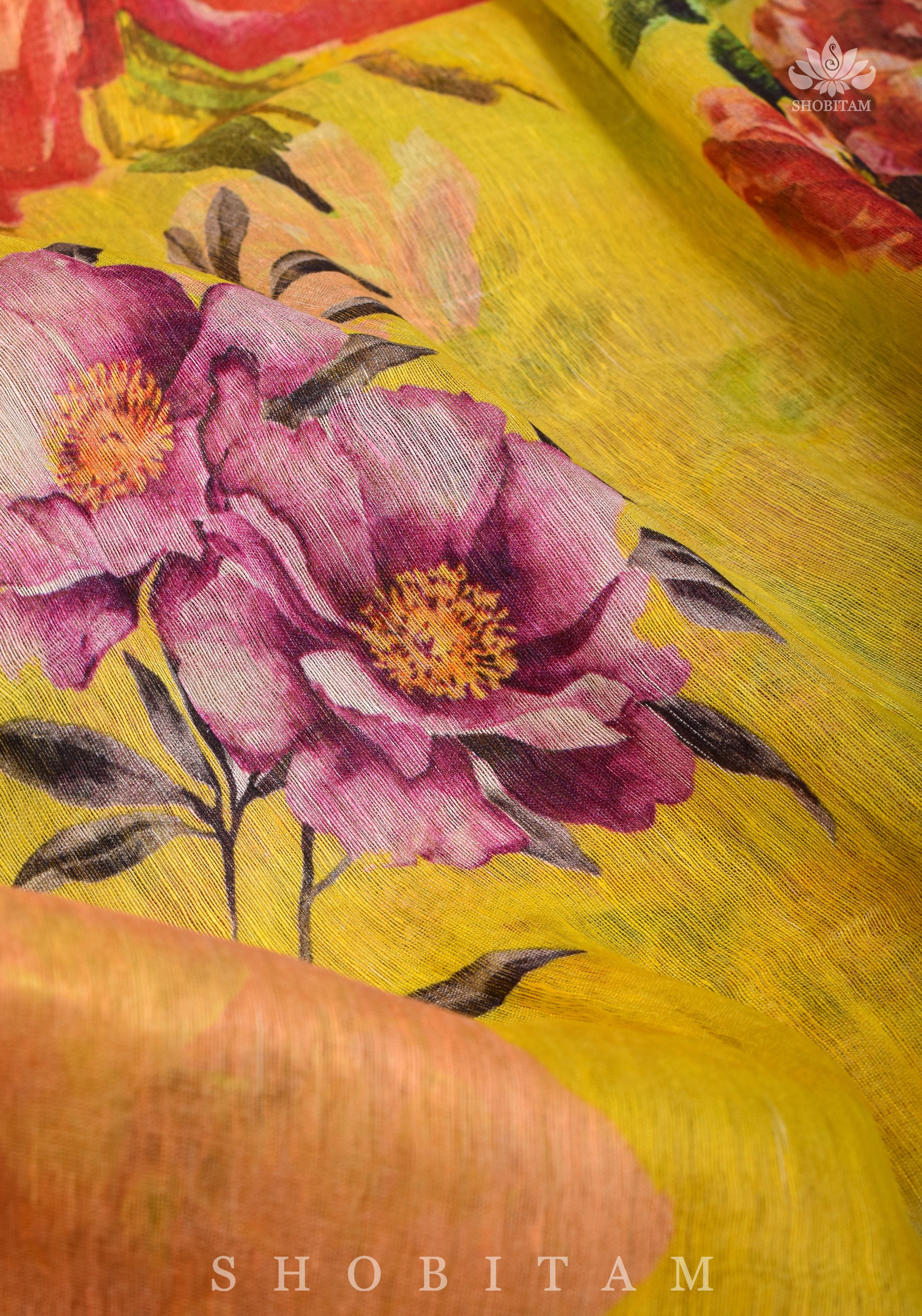 Yellow Floral Digital Print Silk Linen Saree | Shobitam