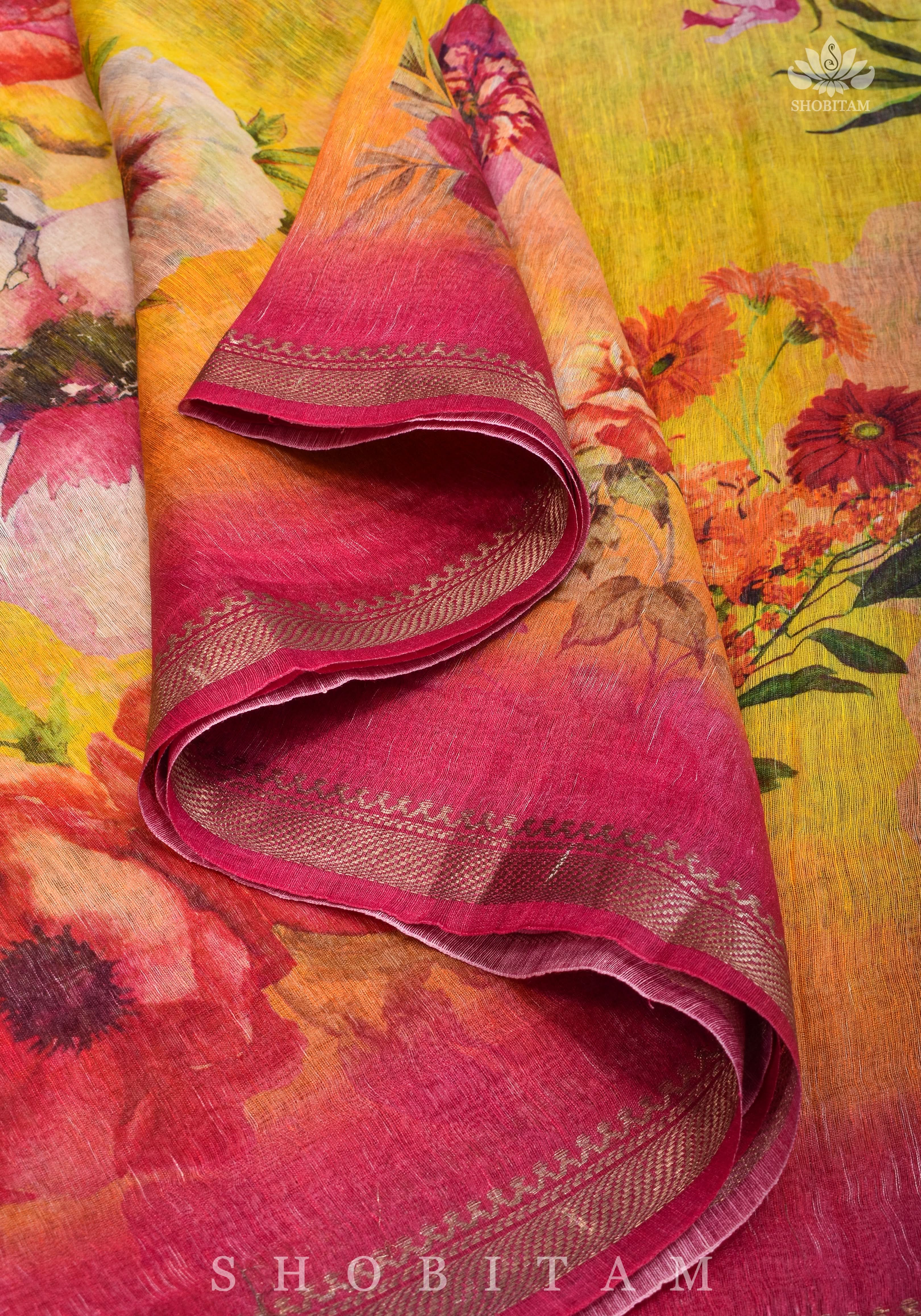 Yellow Floral Digital Print Silk Linen Saree | Shobitam