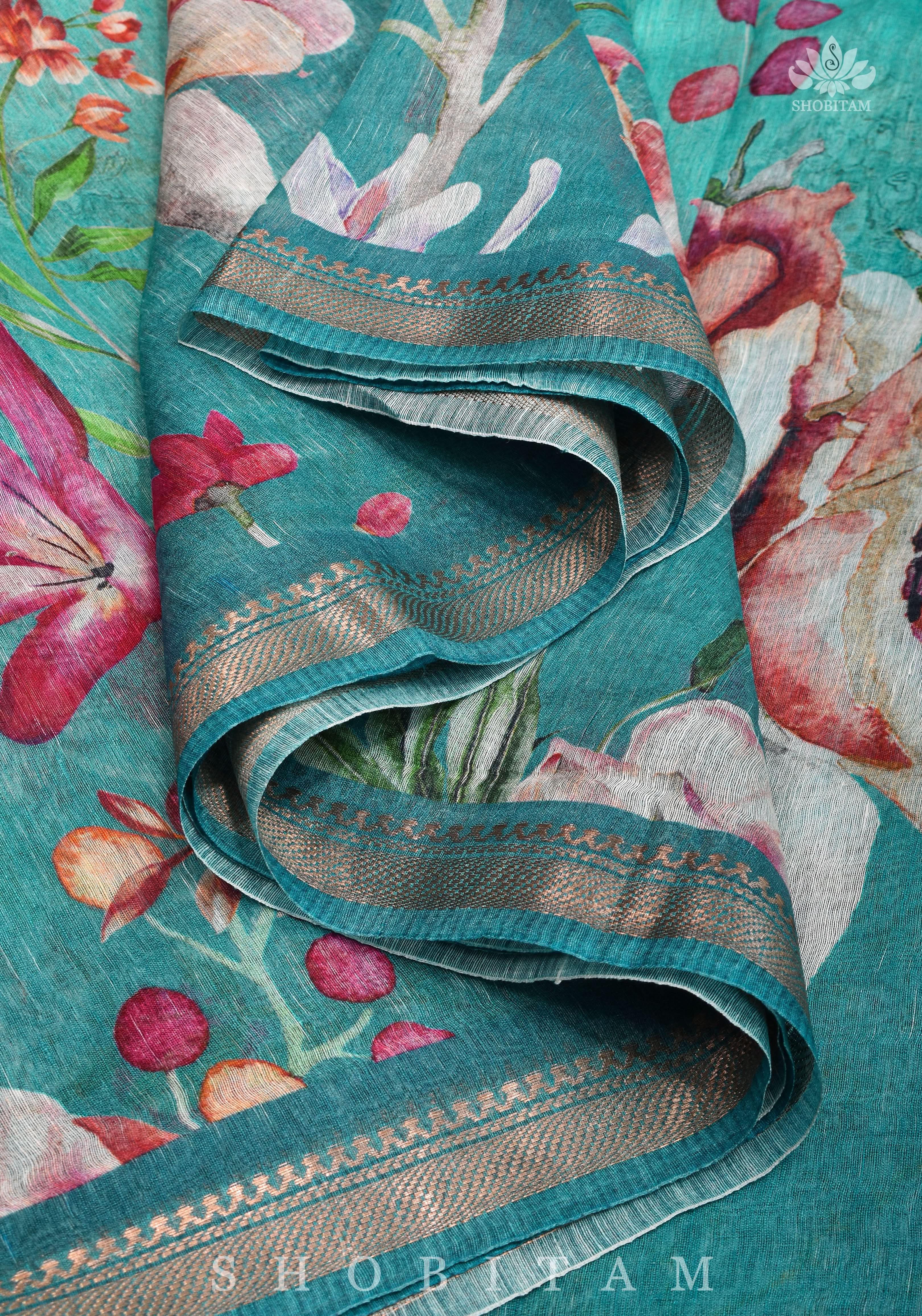 Green Floral Digital Print Silk Linen Saree | Shobitam