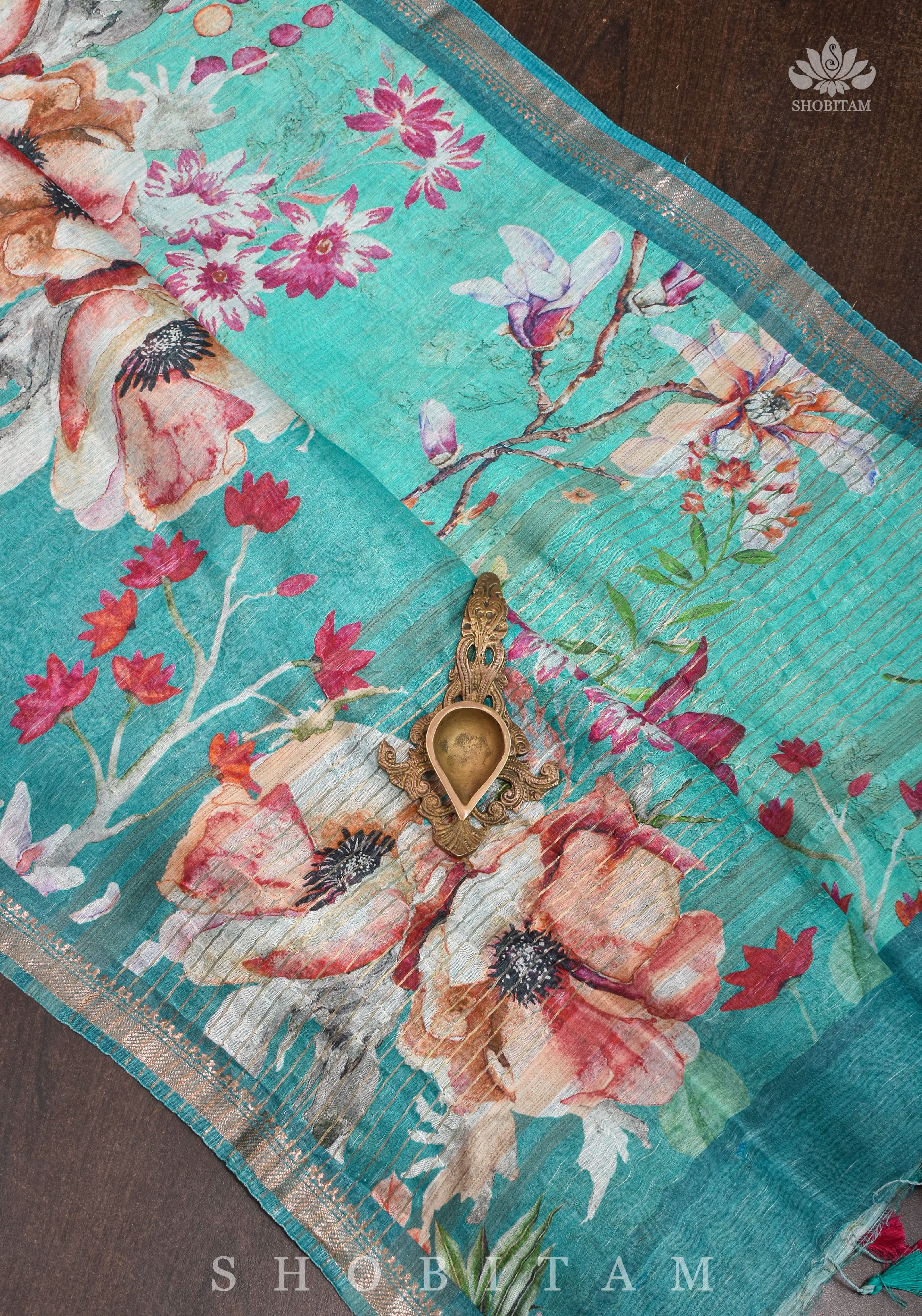 Green Floral Digital Print Silk Linen Saree | Shobitam