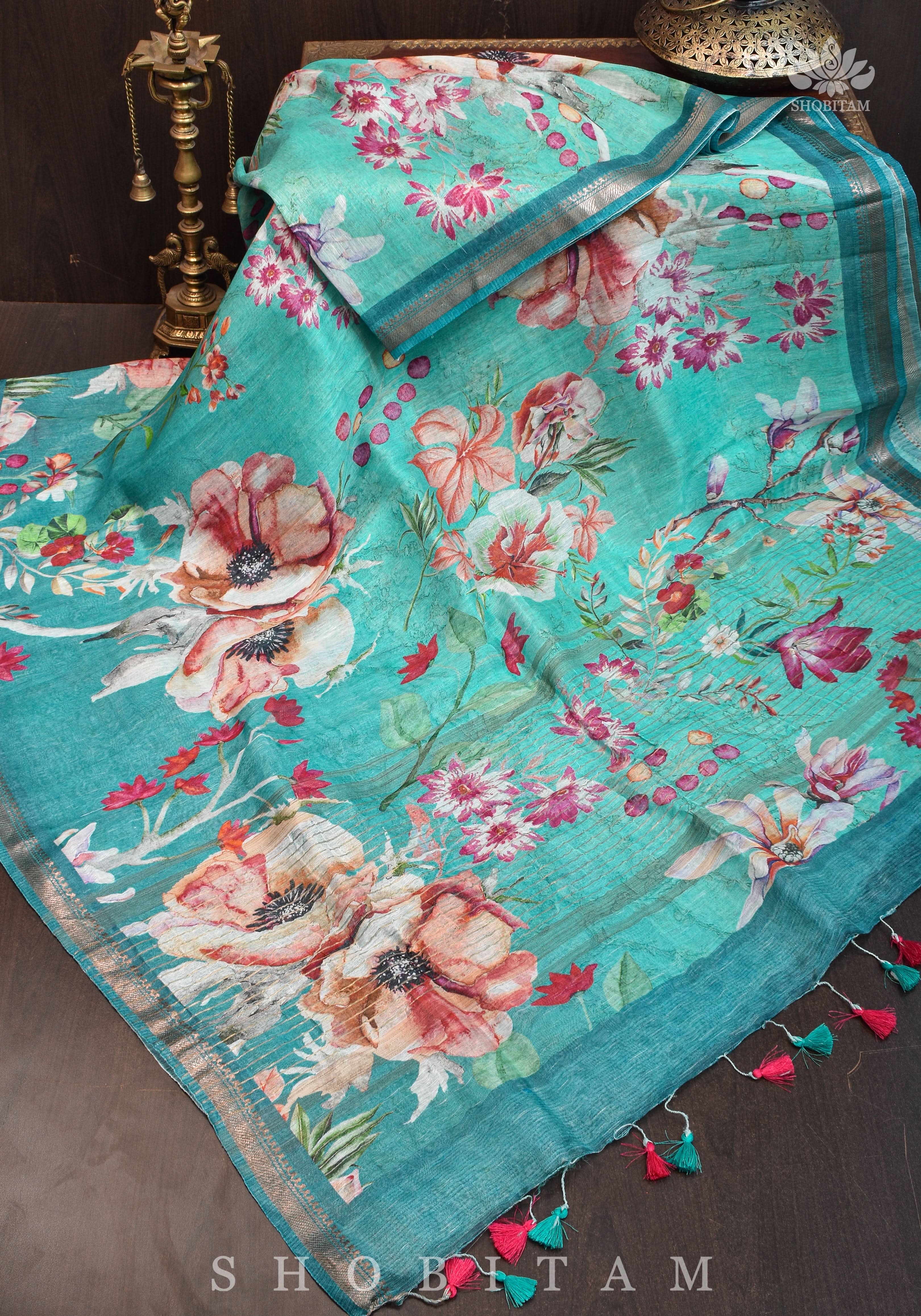 Green Floral Digital Print Silk Linen Saree | Shobitam