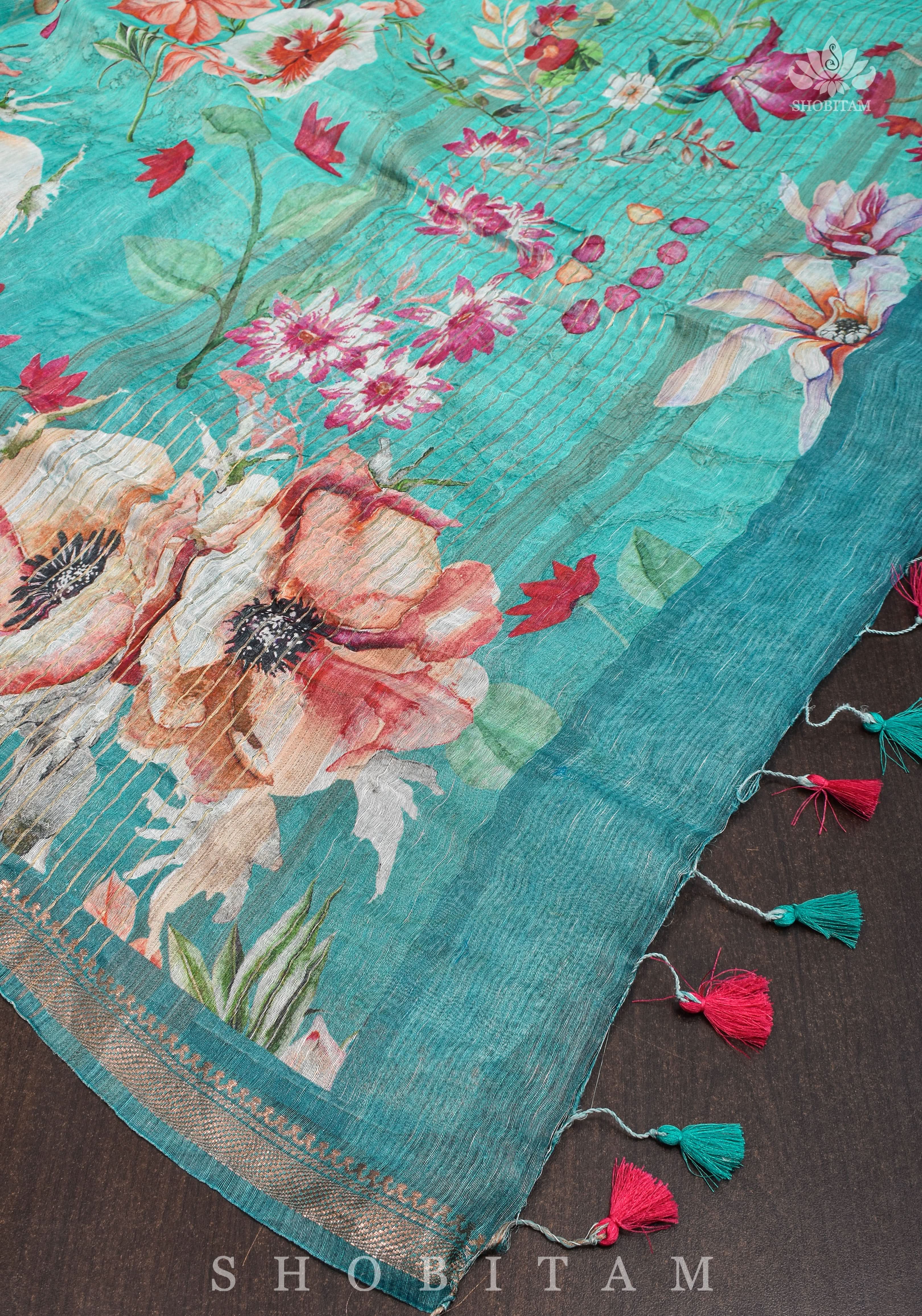 Green Floral Digital Print Silk Linen Saree | Shobitam