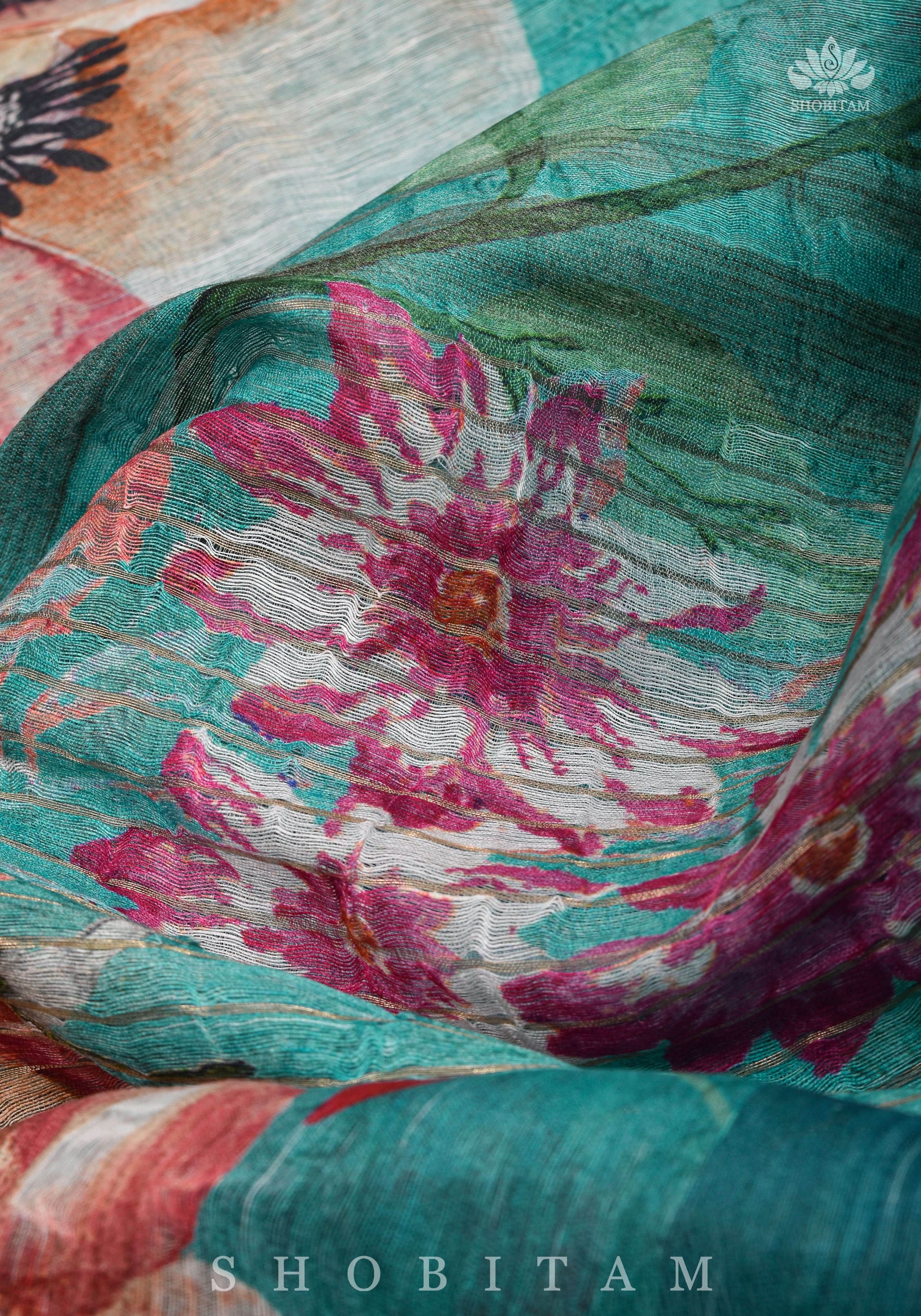 Green Floral Digital Print Silk Linen Saree | Shobitam